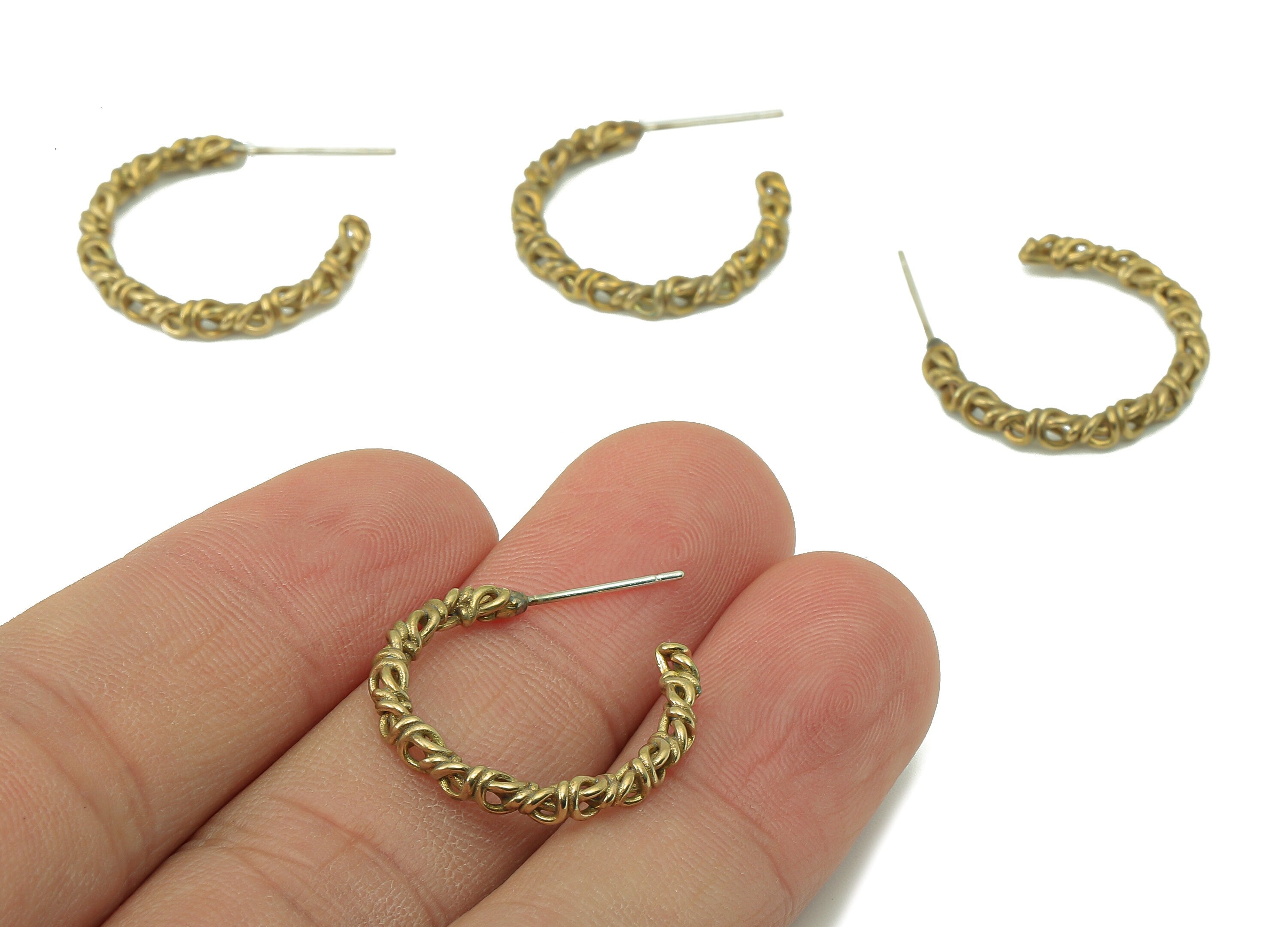 Brass Open Hoop Earring - Raw Brass Rope Texture Earring Post - Twisted Stud Earring - 925 Silver Stud - 26.76x21.97x2.73mm - PP8218 - DOMEDBAZAAR