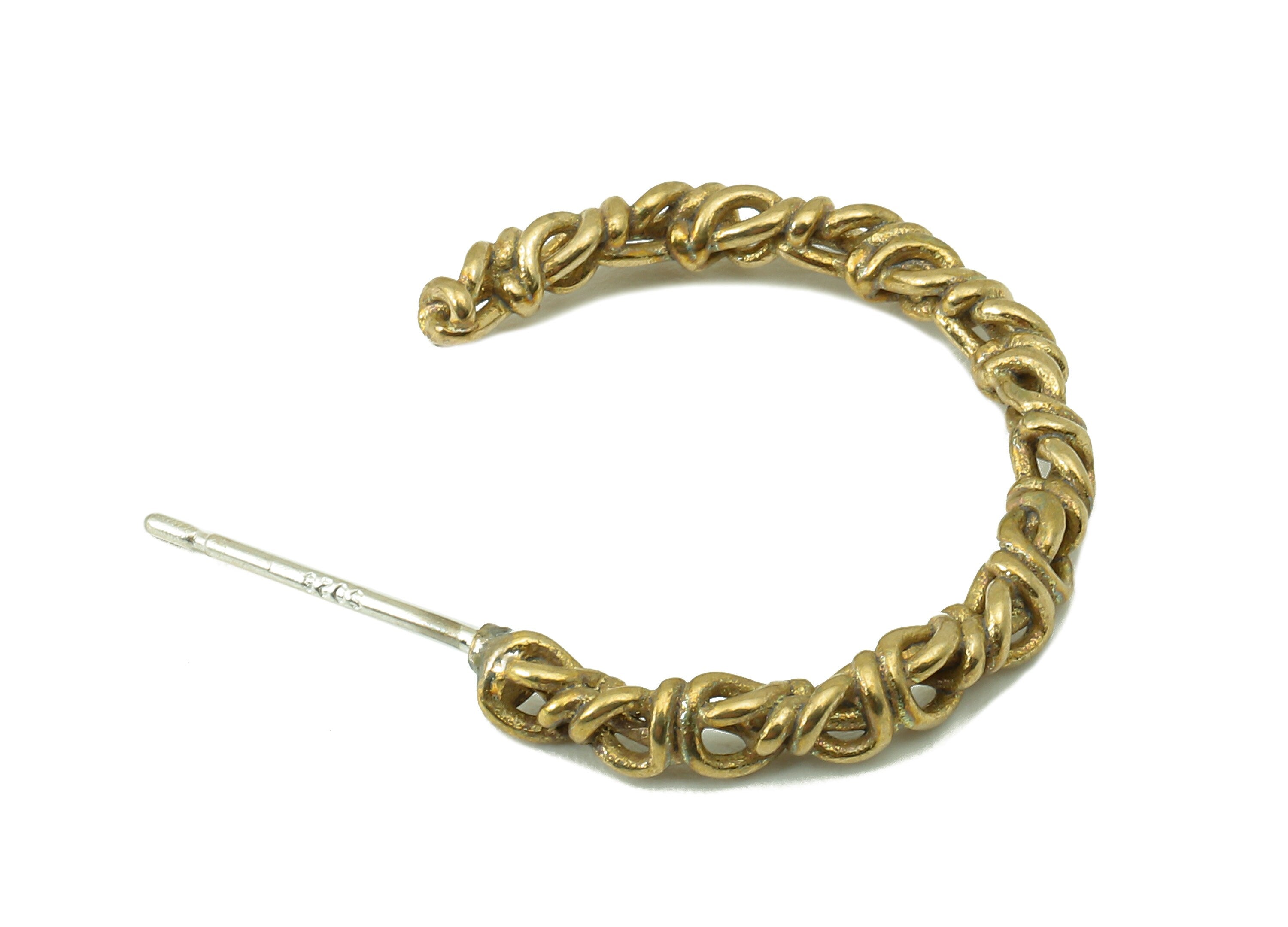 Brass Open Hoop Earring - Raw Brass Rope Texture Earring Post - Twisted Stud Earring - 925 Silver Stud - 26.76x21.97x2.73mm - PP8218 - DOMEDBAZAAR