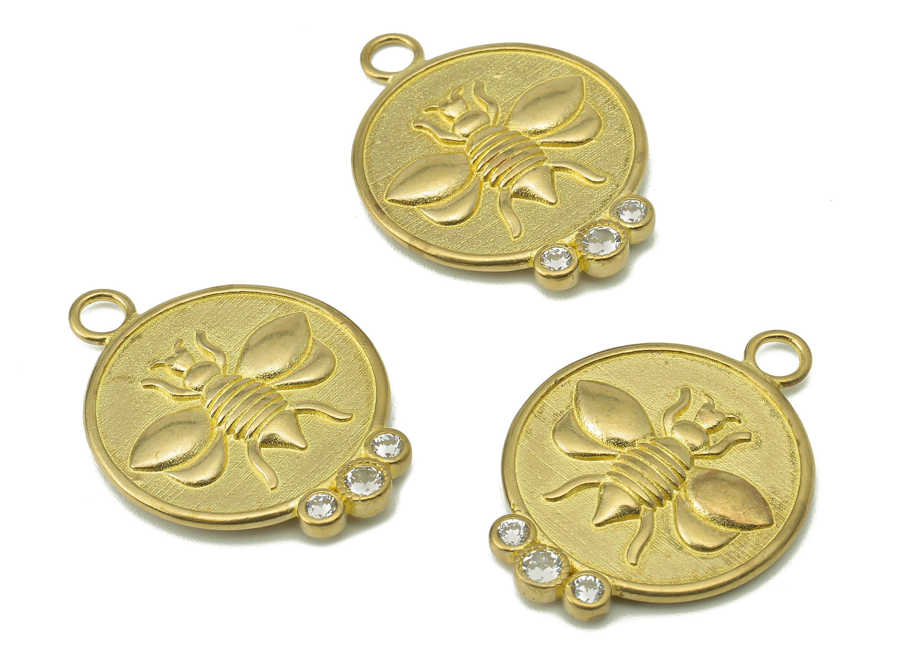Brass Round Bee Earring Charms - Cubic Zirconia CZ Charms - Raw Brass Circle Bee Pendant With Loop - For Necklace - 30.8x22.8x2.8mm - PP8225 - DOMEDBAZAAR
