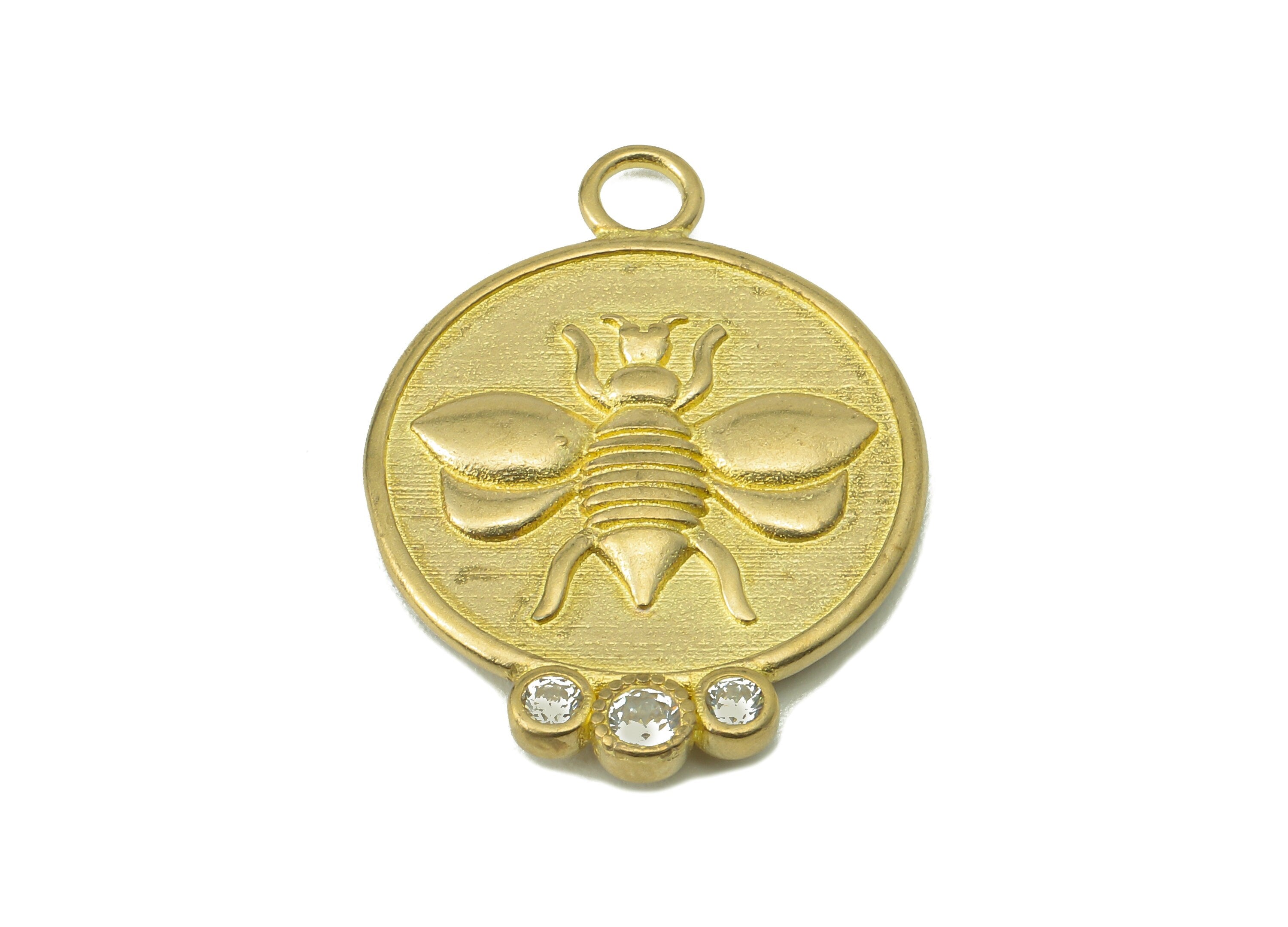 Brass Round Bee Earring Charms - Cubic Zirconia CZ Charms - Raw Brass Circle Bee Pendant With Loop - For Necklace - 30.8x22.8x2.8mm - PP8225 - DOMEDBAZAAR