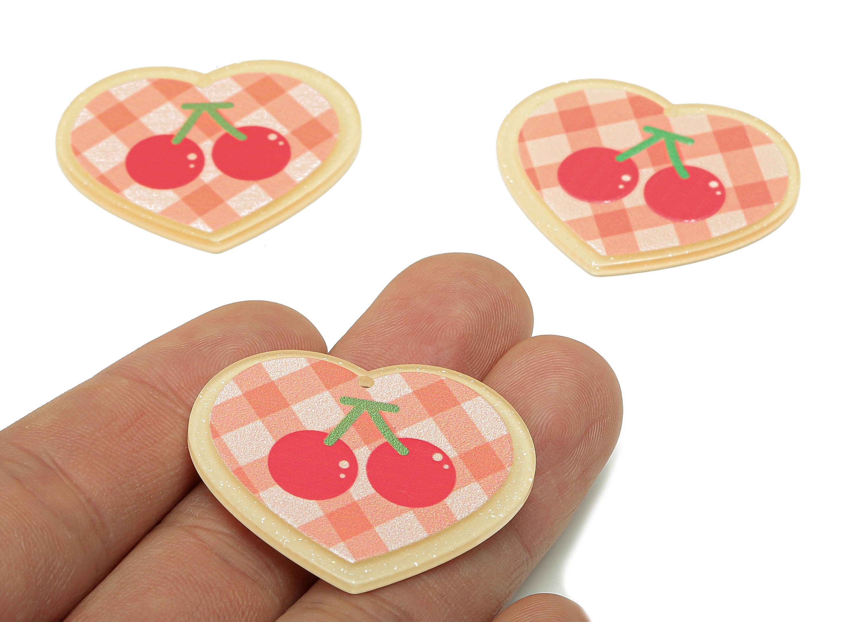 Acrylic Cherry Heart Earring Charm - Square Lattice Pink Heart Earring - Pendant With Hole - Charm For Necklace - 37.6x32.4x2.6mm - AC2570C - DOMEDBAZAAR