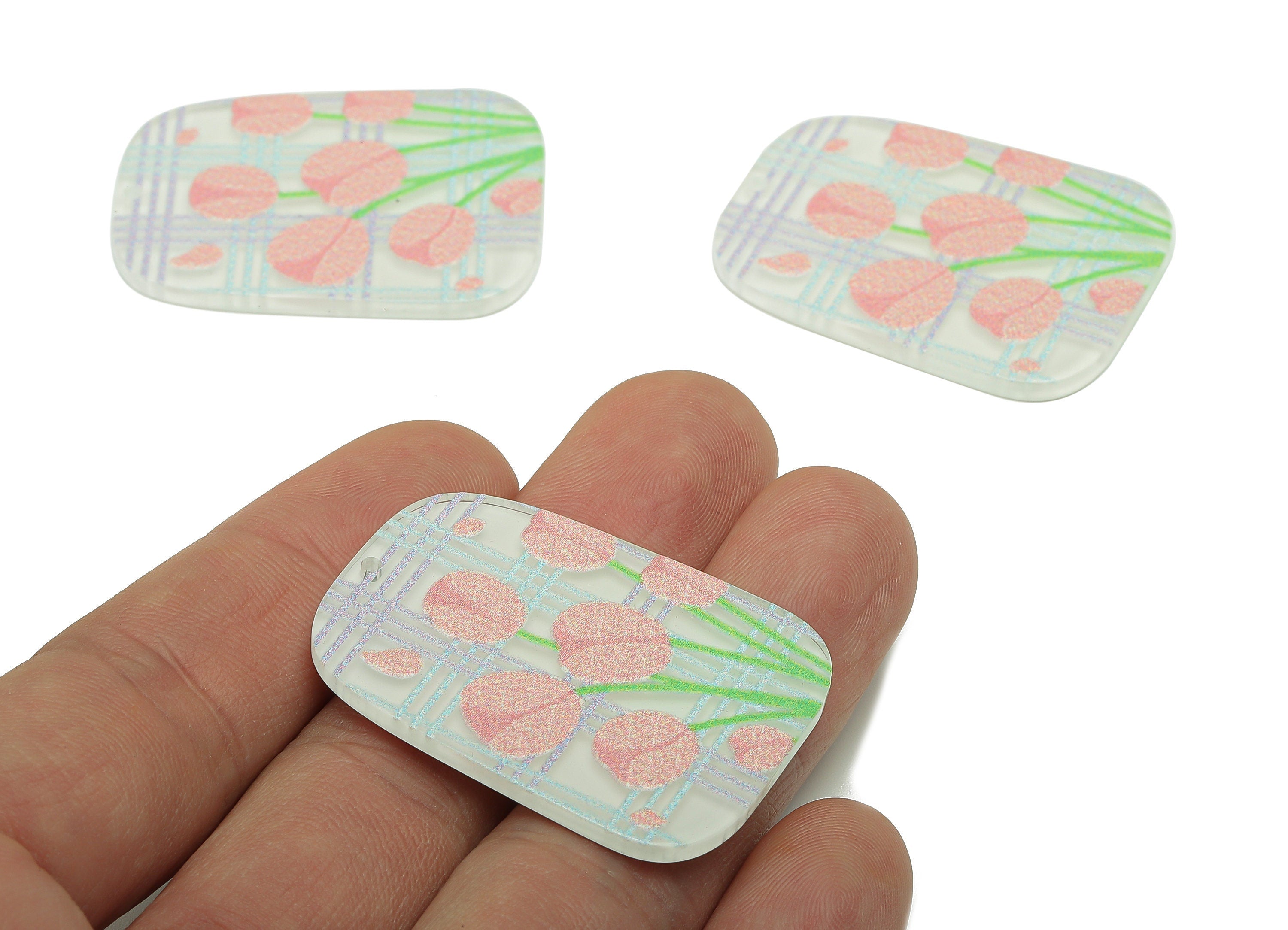 Acrylic Oval Rectangle Earring Charm - Pink Tulip Square Lattice Earring - Pendant With Hole - Charm For Necklace - 39.6x29.4x2.4mm -AC2574A - DOMEDBAZAAR