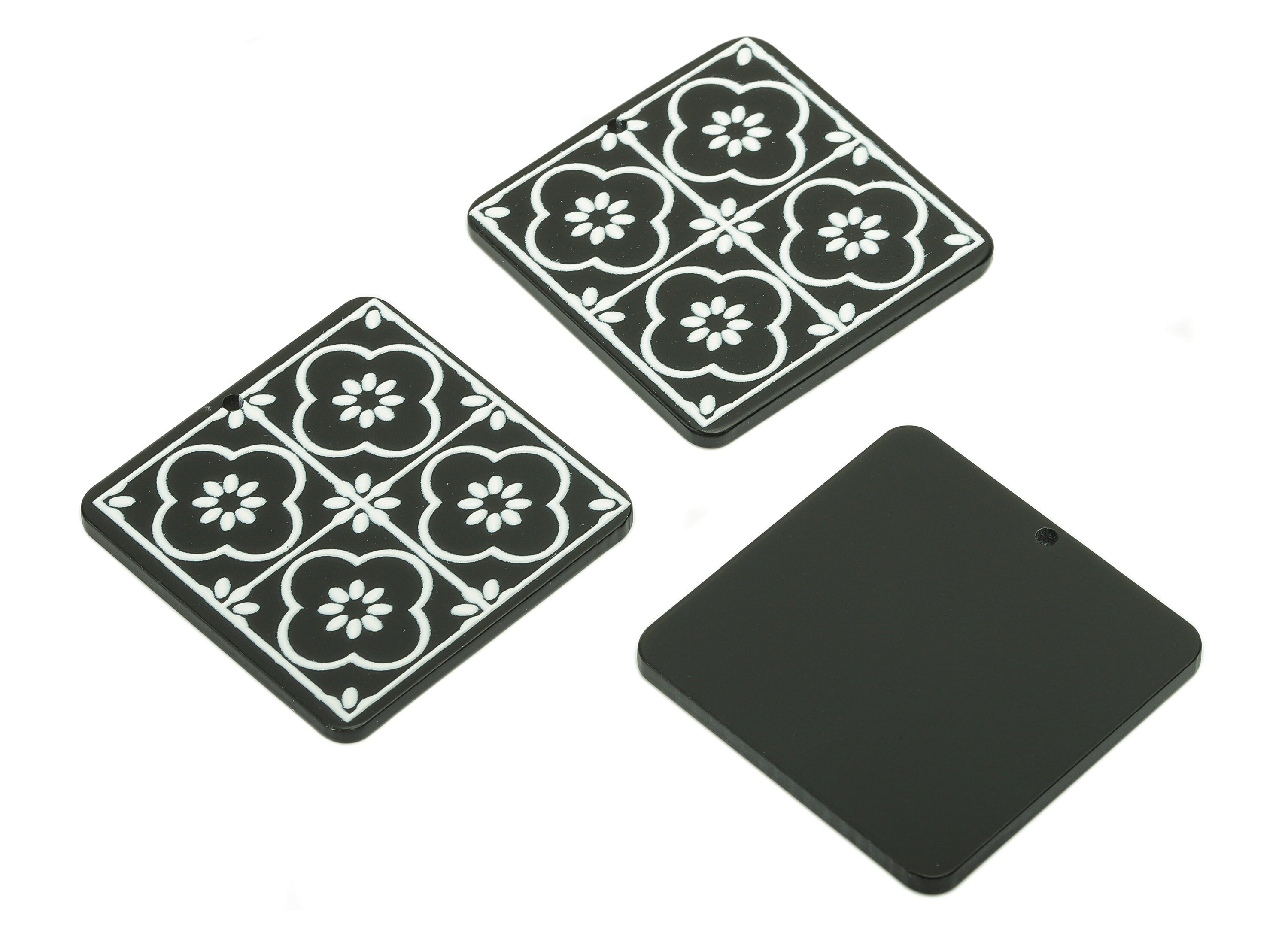 Acrylic Flower Square Earring Charm - White Flower Black Square Earring - Pendant With Hole - Charm For Necklace - 34.6x34.6x2.4mm - AC2576B - DOMEDBAZAAR