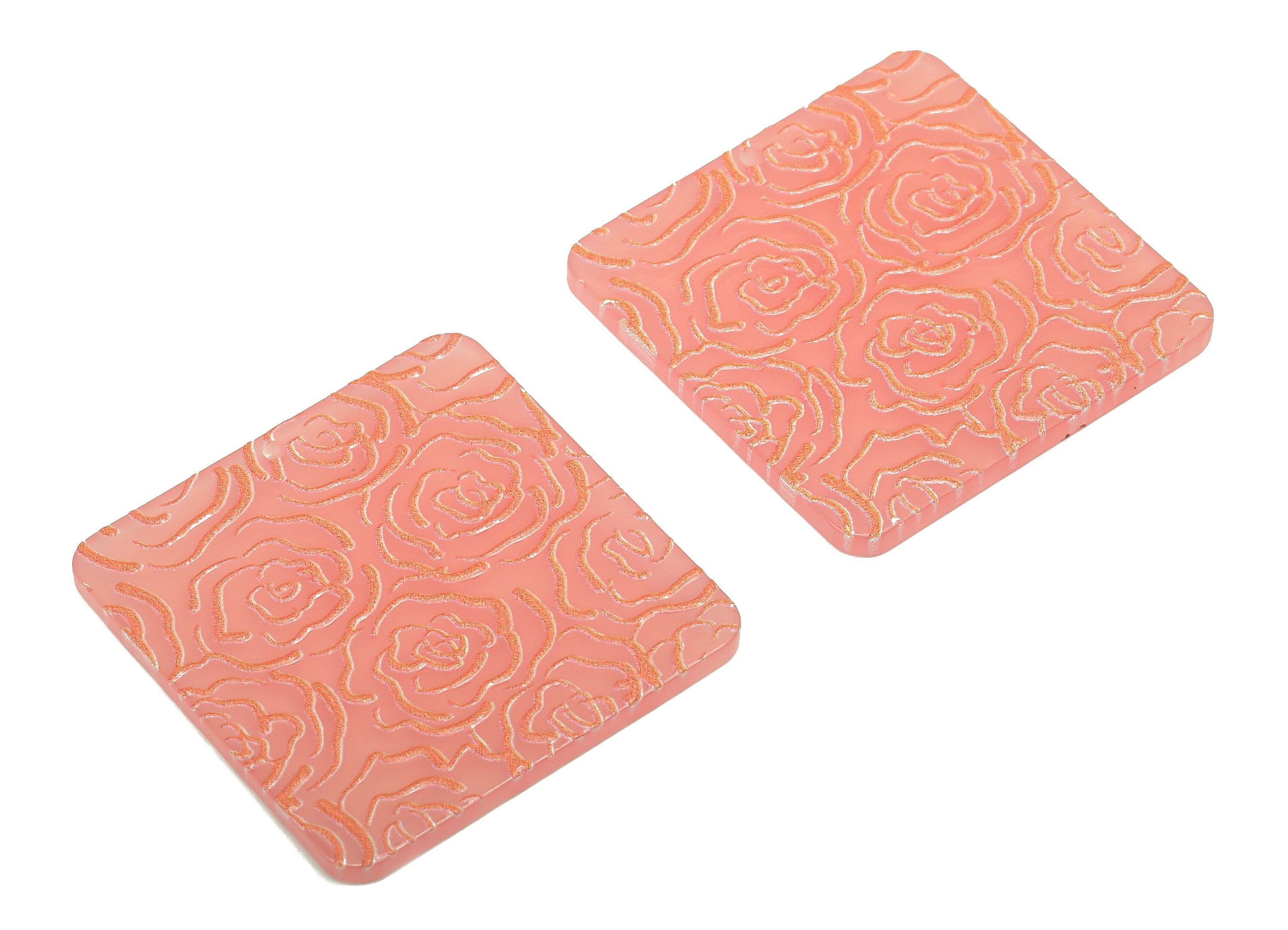 Acrylic Flower Square Earring Charm - Acrylic Pink Rose Square Earring - Pendant With Hole - Charm For Necklace - 34.6x34.6x2.4mm - AC2576D - DOMEDBAZAAR