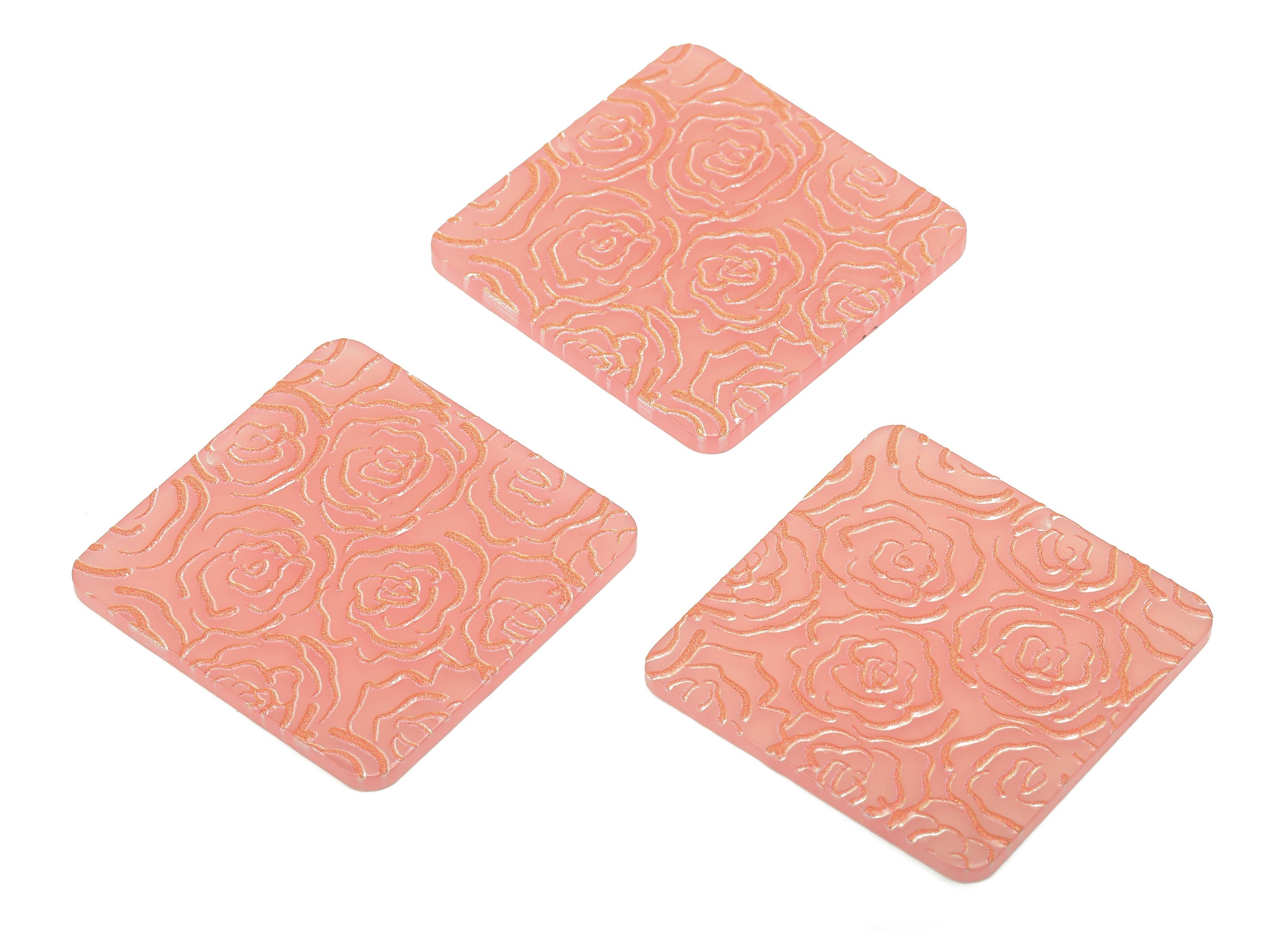 Acrylic Flower Square Earring Charm - Acrylic Pink Rose Square Earring - Pendant With Hole - Charm For Necklace - 34.6x34.6x2.4mm - AC2576D - DOMEDBAZAAR