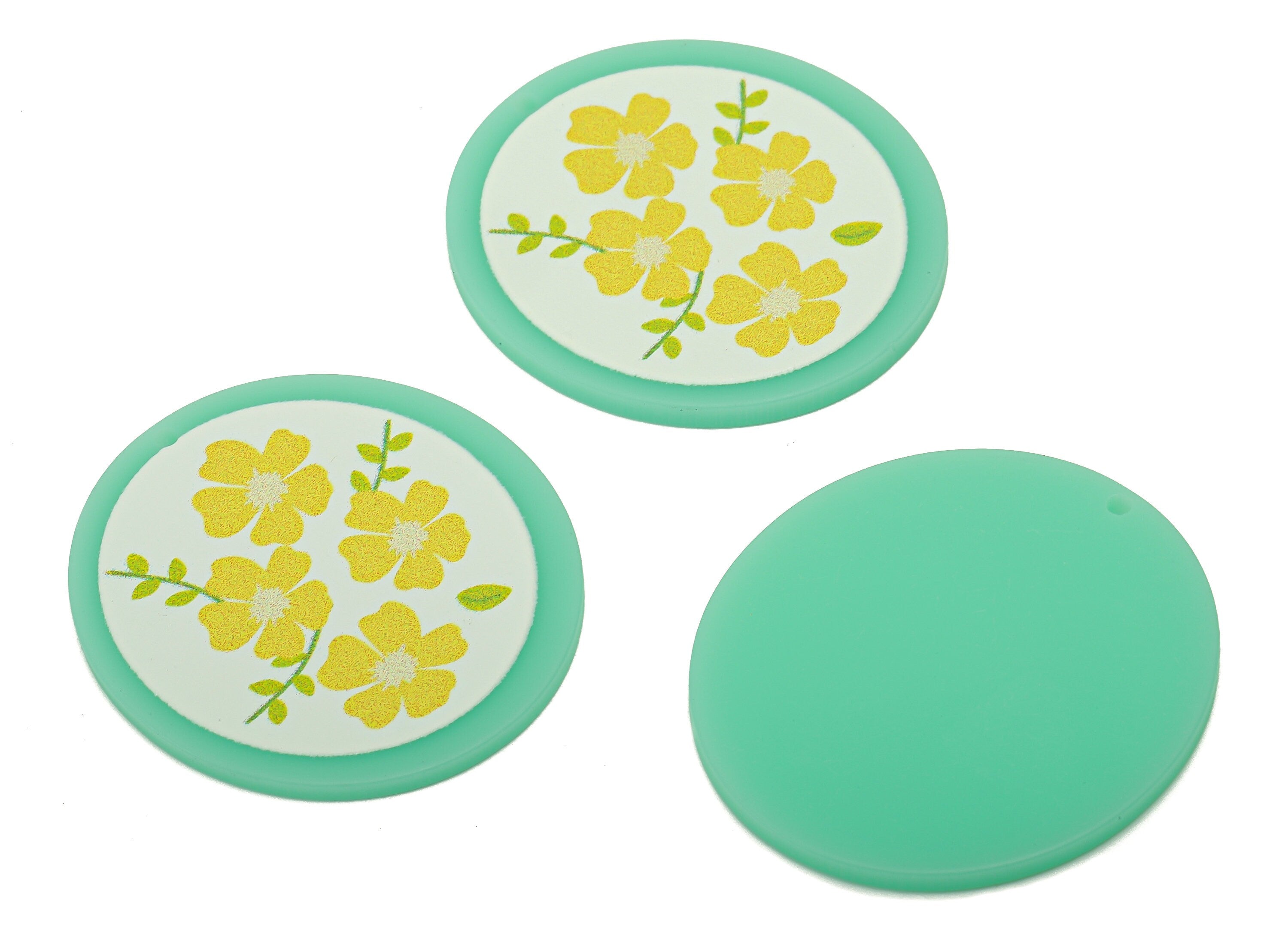 Acrylic Flower Round Earring Charm - Yellow Jasmine Aqua Circle Earring - Pendant With Hole - Charm For Necklace - 37.4x34.7x2.2mm - AC2580B - DOMEDBAZAAR