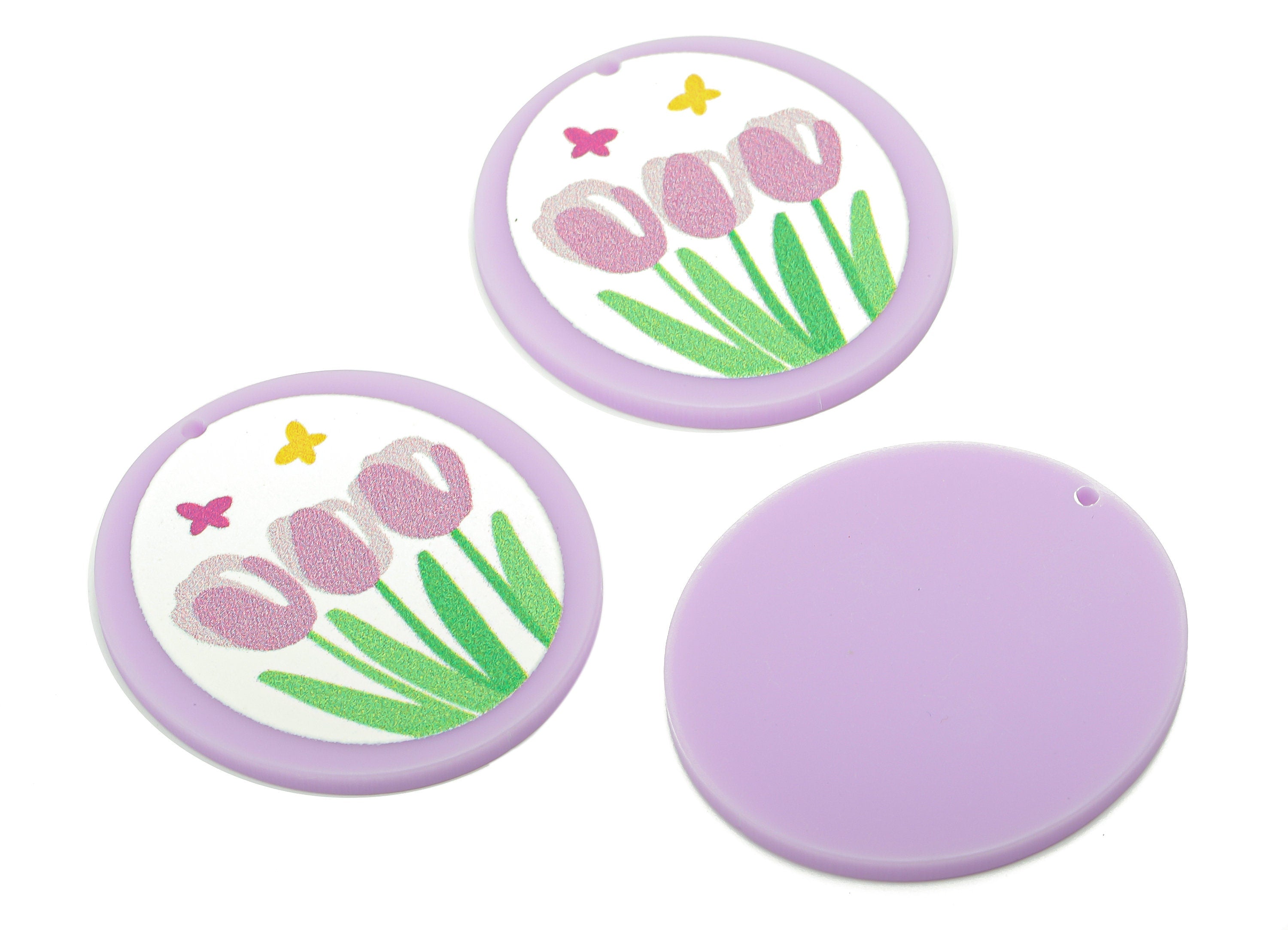 Acrylic Flower Round Earring Charm - Acrylic Purple Tulip Circle Earring - Pendant With Hole - Charm For Necklace - 37.4x34.7x2.2mm -AC2580C - DOMEDBAZAAR