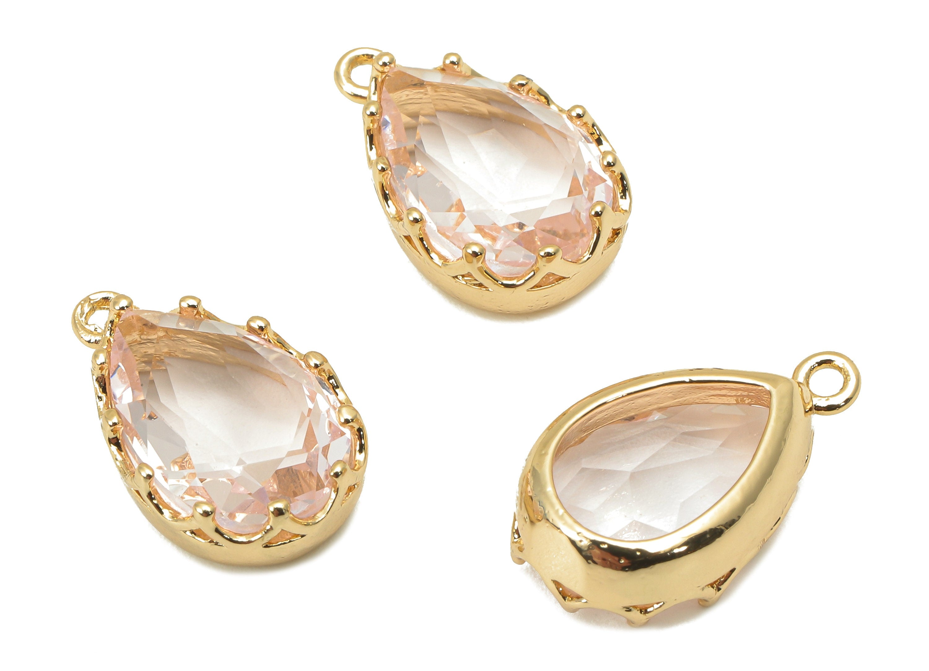 Brass Crown Frame Drop Charm - Faceted Clear Pink Glass Earring - Teardrop Pendant With Loop - Gold Tone Plating - 17.2x10.6x5.6mm - GS1159A - DOMEDBAZAAR