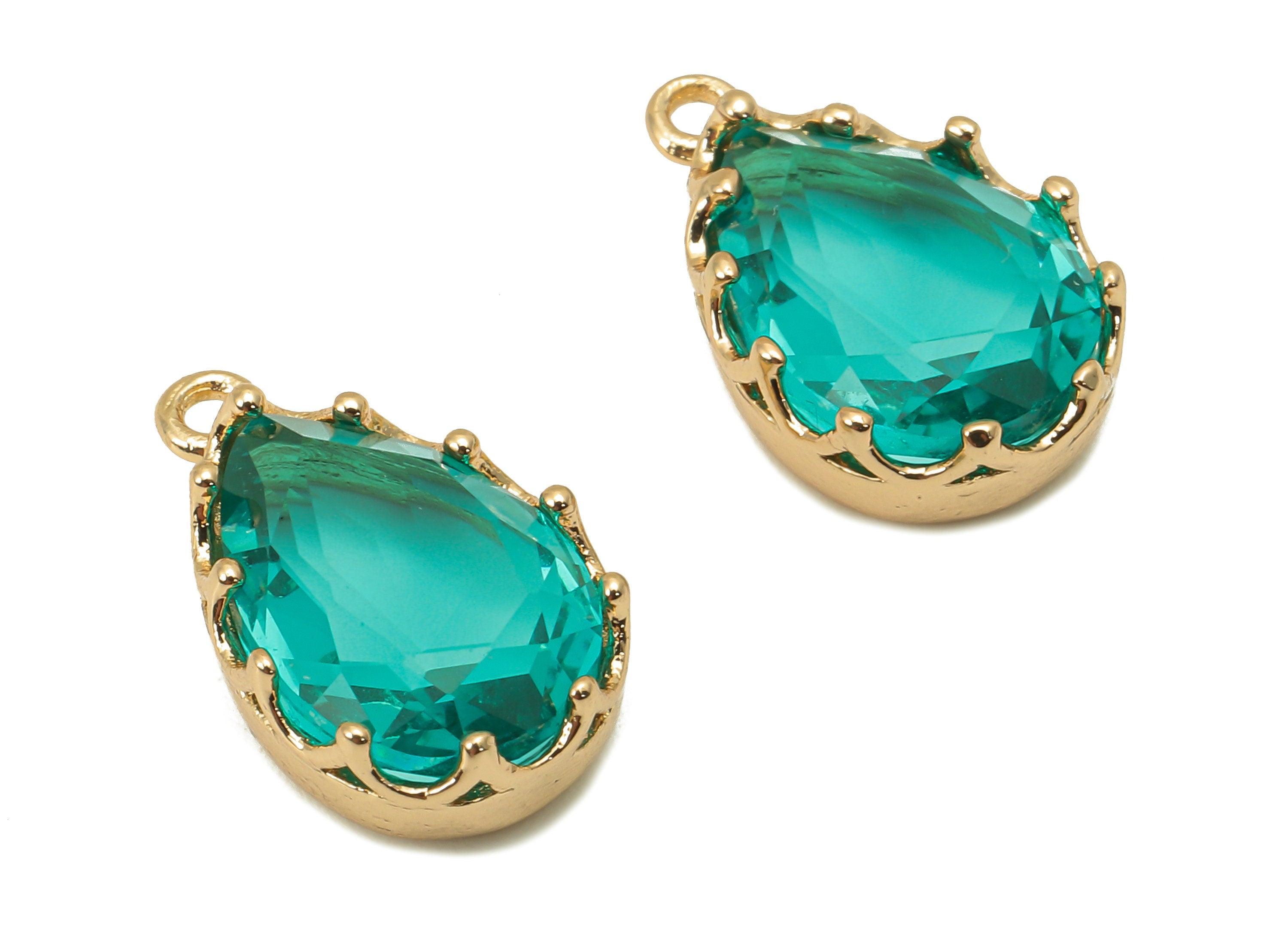 Brass Crown Frame Drop Charm - Faceted Clear Green Glass Earring - Teardrop Pendant With Loop - Gold Tone Plating - 17.2x10.6x5.6mm -GS1159B - DOMEDBAZAAR