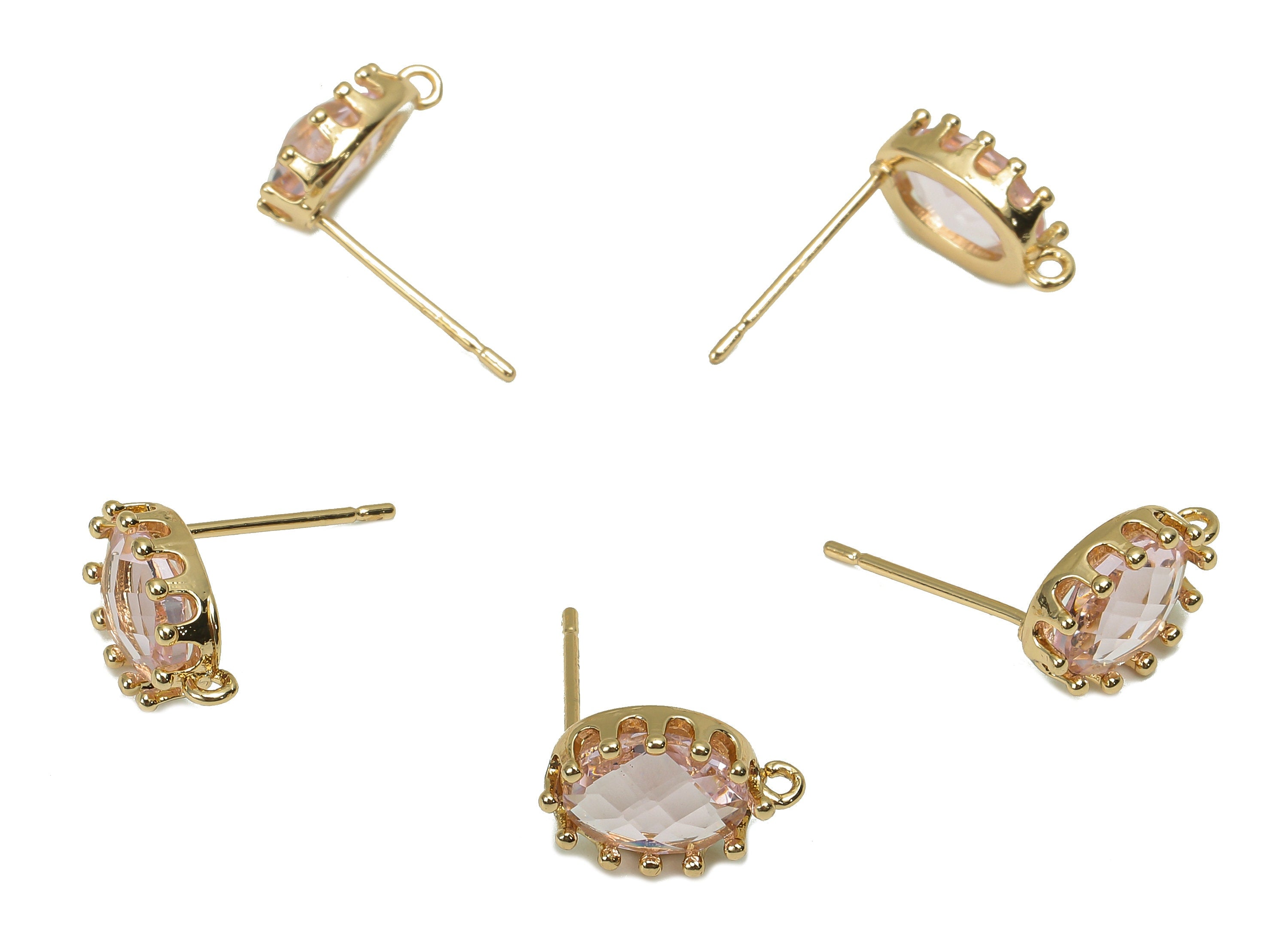 Brass Crown Frame Oval Stud Earring - Faceted Clear Pink Glass With Loop - Silver Stud - Gold Tone Plating - 11.5x7.7x2.9mm - GS1160B - DOMEDBAZAAR