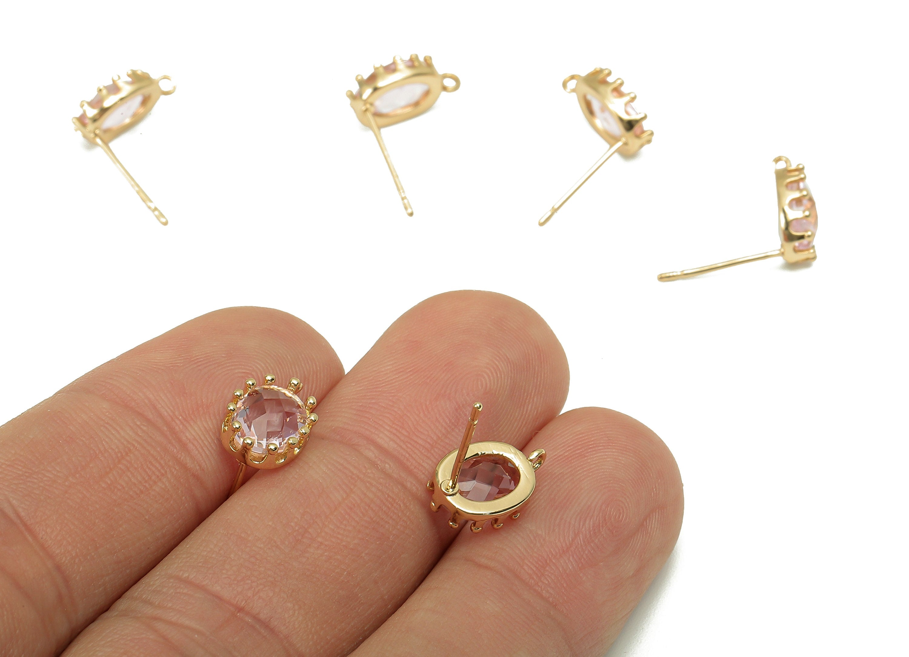Brass Crown Frame Oval Stud Earring - Faceted Clear Pink Glass With Loop - Silver Stud - Gold Tone Plating - 11.5x7.7x2.9mm - GS1160B - DOMEDBAZAAR