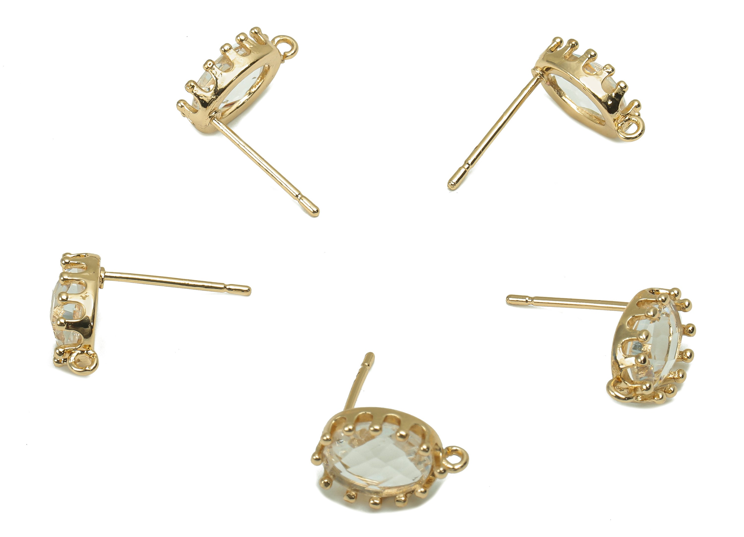 Brass Crown Frame Transparent Stud Earring - Faceted Clear Oval Glass With Loop - Silver Stud - Gold Tone Plating - 11.5x7.7x2.9mm - GS1160C - DOMEDBAZAAR
