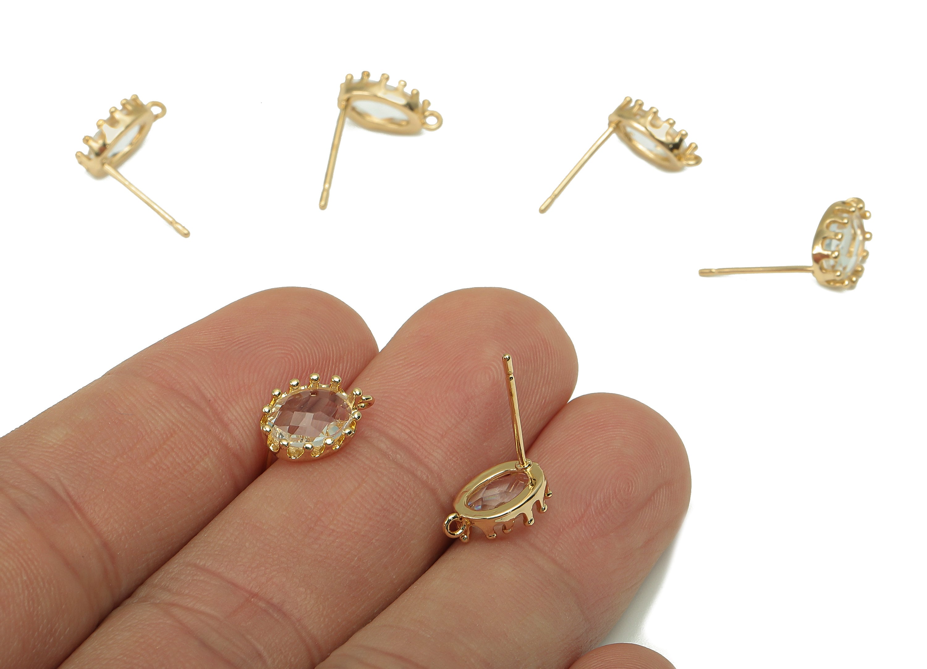 Brass Crown Frame Transparent Stud Earring - Faceted Clear Oval Glass With Loop - Silver Stud - Gold Tone Plating - 11.5x7.7x2.9mm - GS1160C - DOMEDBAZAAR