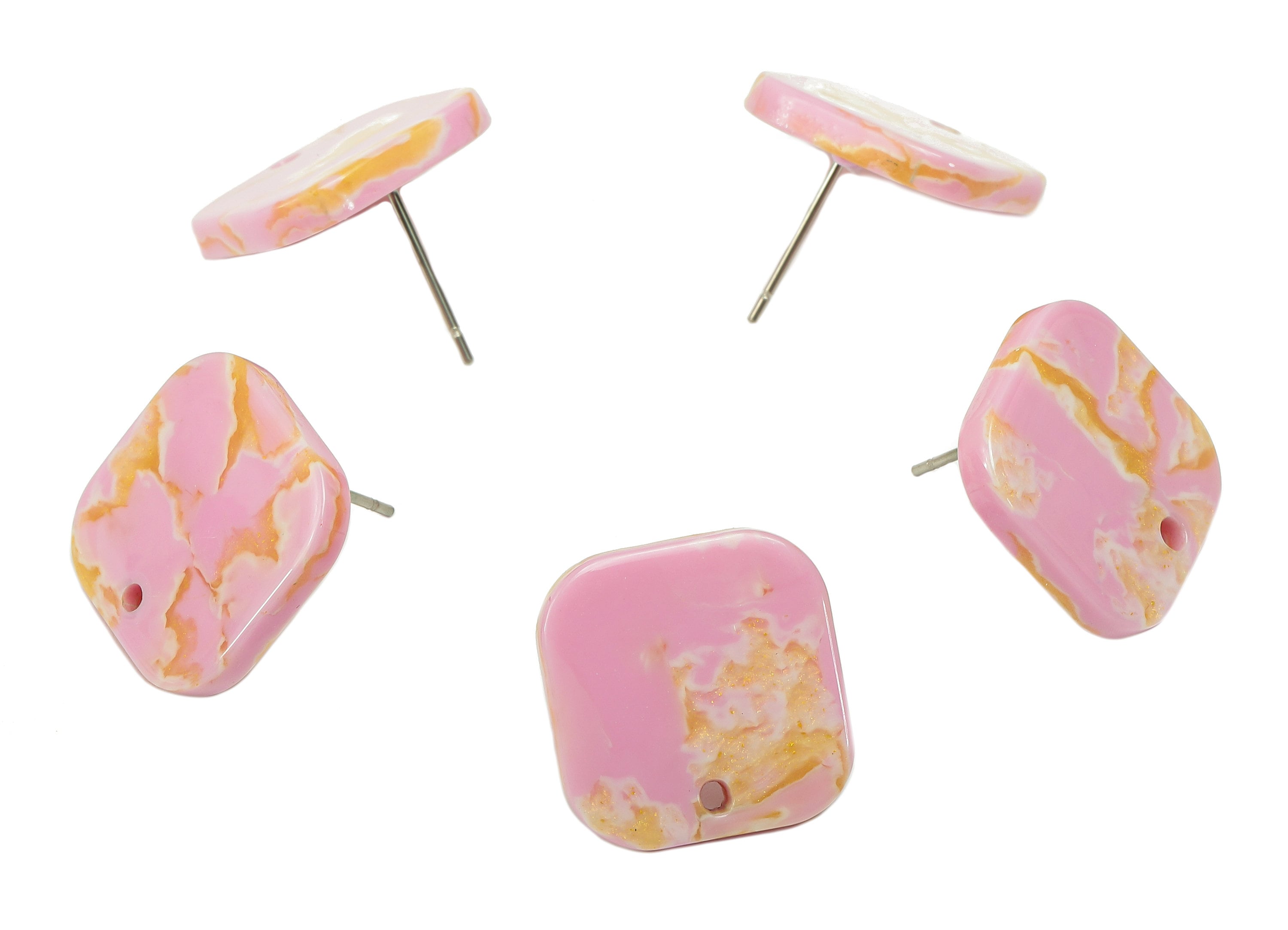 Acetate Oval Square Stud Earring - Pink Earring Post With Hole - 316 Stainless Steel Stud - Color Code: A845 - 16.8x16.7x2.7mm - AC2557-A845 - DOMEDBAZAAR
