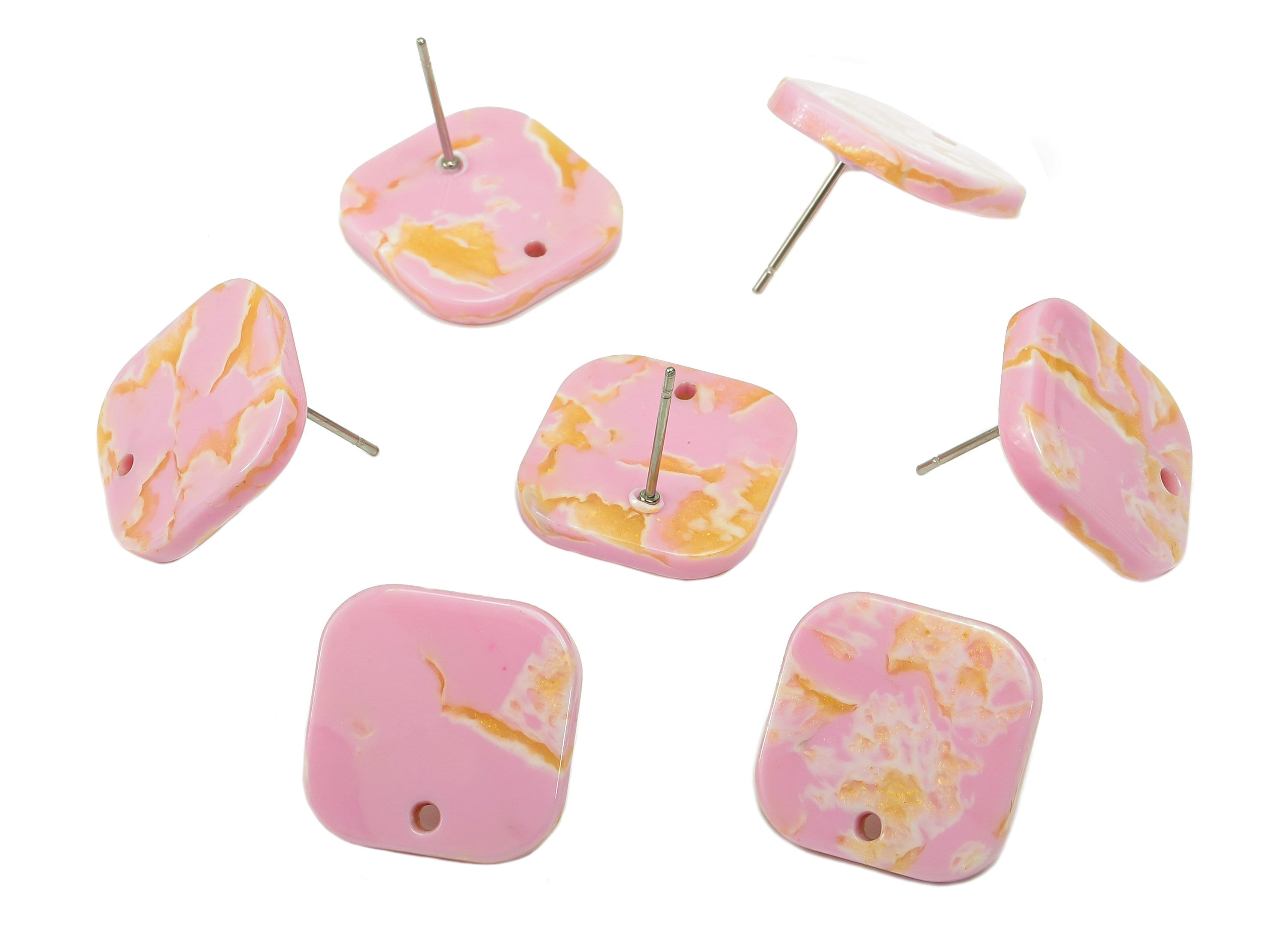 Acetate Oval Square Stud Earring - Pink Earring Post With Hole - 316 Stainless Steel Stud - Color Code: A845 - 16.8x16.7x2.7mm - AC2557-A845 - DOMEDBAZAAR