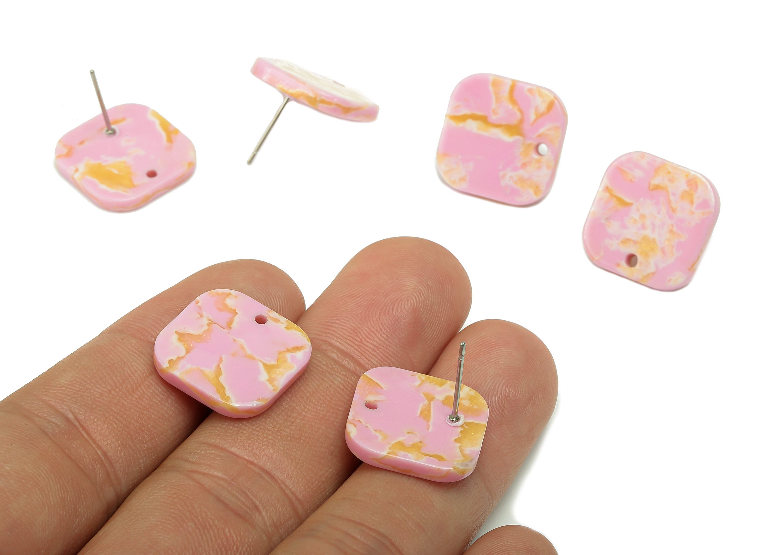 Acetate Oval Square Stud Earring - Pink Earring Post With Hole - 316 Stainless Steel Stud - Color Code: A845 - 16.8x16.7x2.7mm - AC2557-A845 - DOMEDBAZAAR