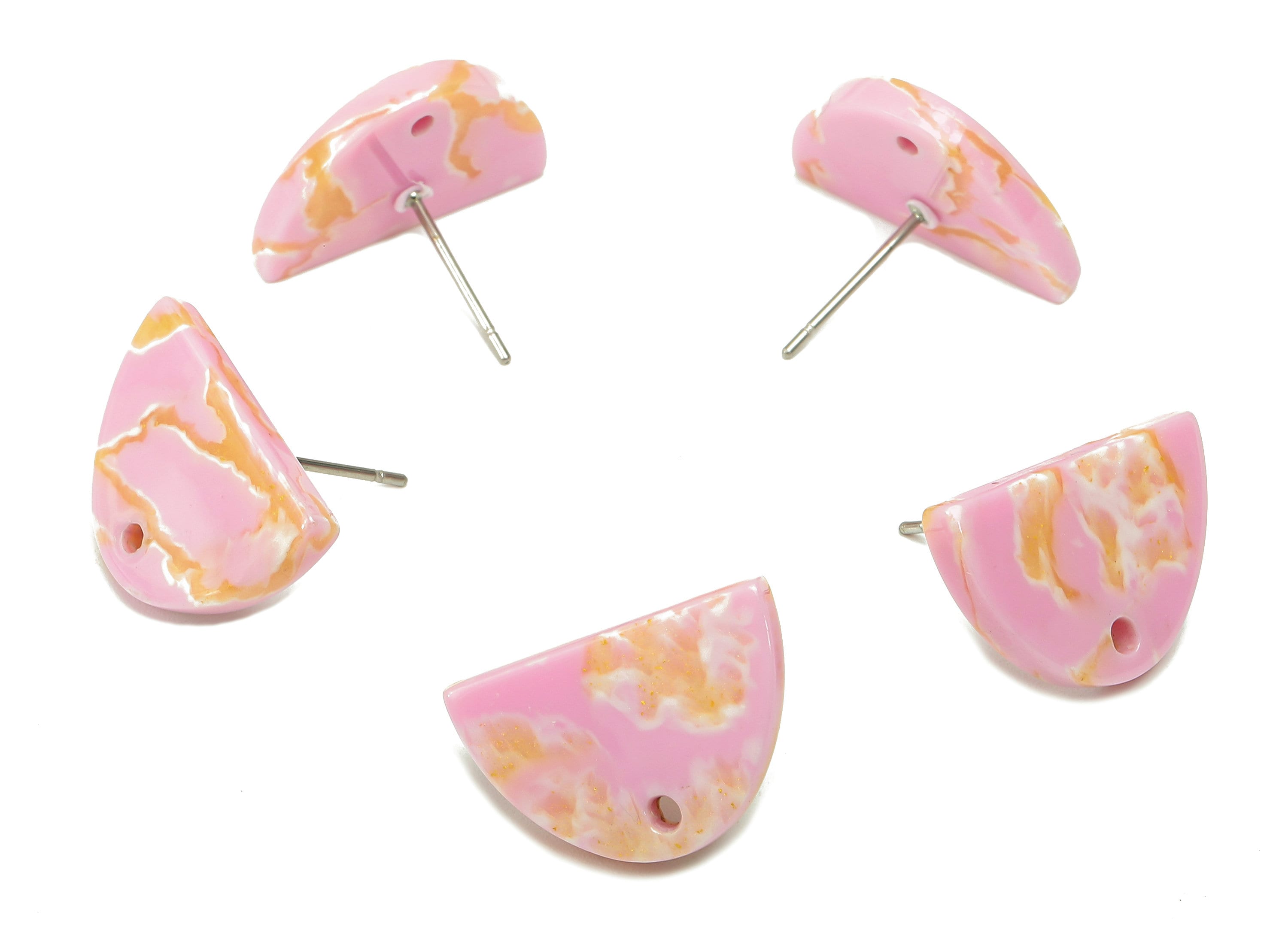 Acetate Semicircle Stud Earring - Pink Half Moon Earring Post With Hole - 316 Stainless Steel - Color Code: A845 - 18x12x2.7mm - AC2558-A845 - DOMEDBAZAAR
