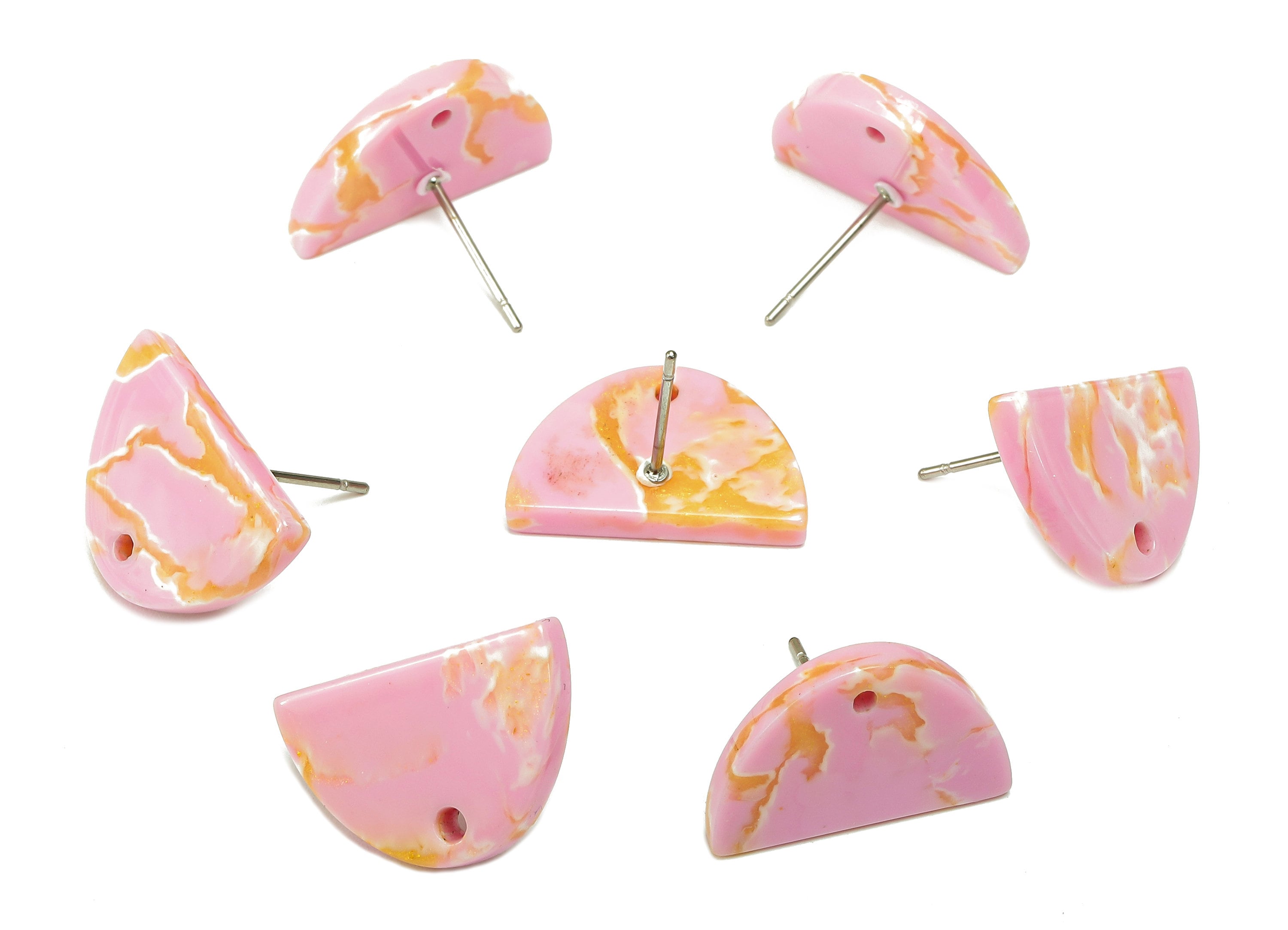 Acetate Semicircle Stud Earring - Pink Half Moon Earring Post With Hole - 316 Stainless Steel - Color Code: A845 - 18x12x2.7mm - AC2558-A845 - DOMEDBAZAAR