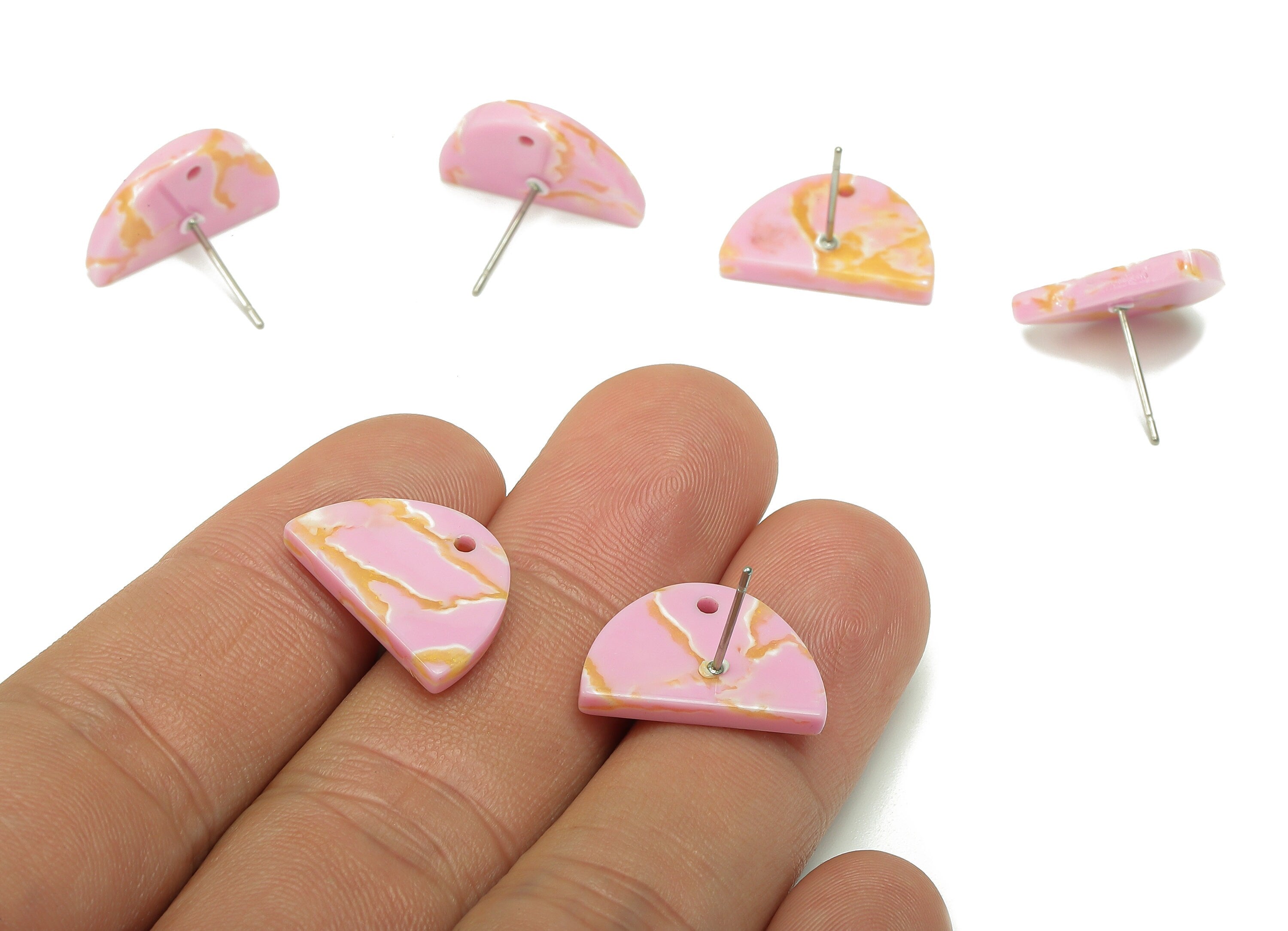 Acetate Semicircle Stud Earring - Pink Half Moon Earring Post With Hole - 316 Stainless Steel - Color Code: A845 - 18x12x2.7mm - AC2558-A845 - DOMEDBAZAAR