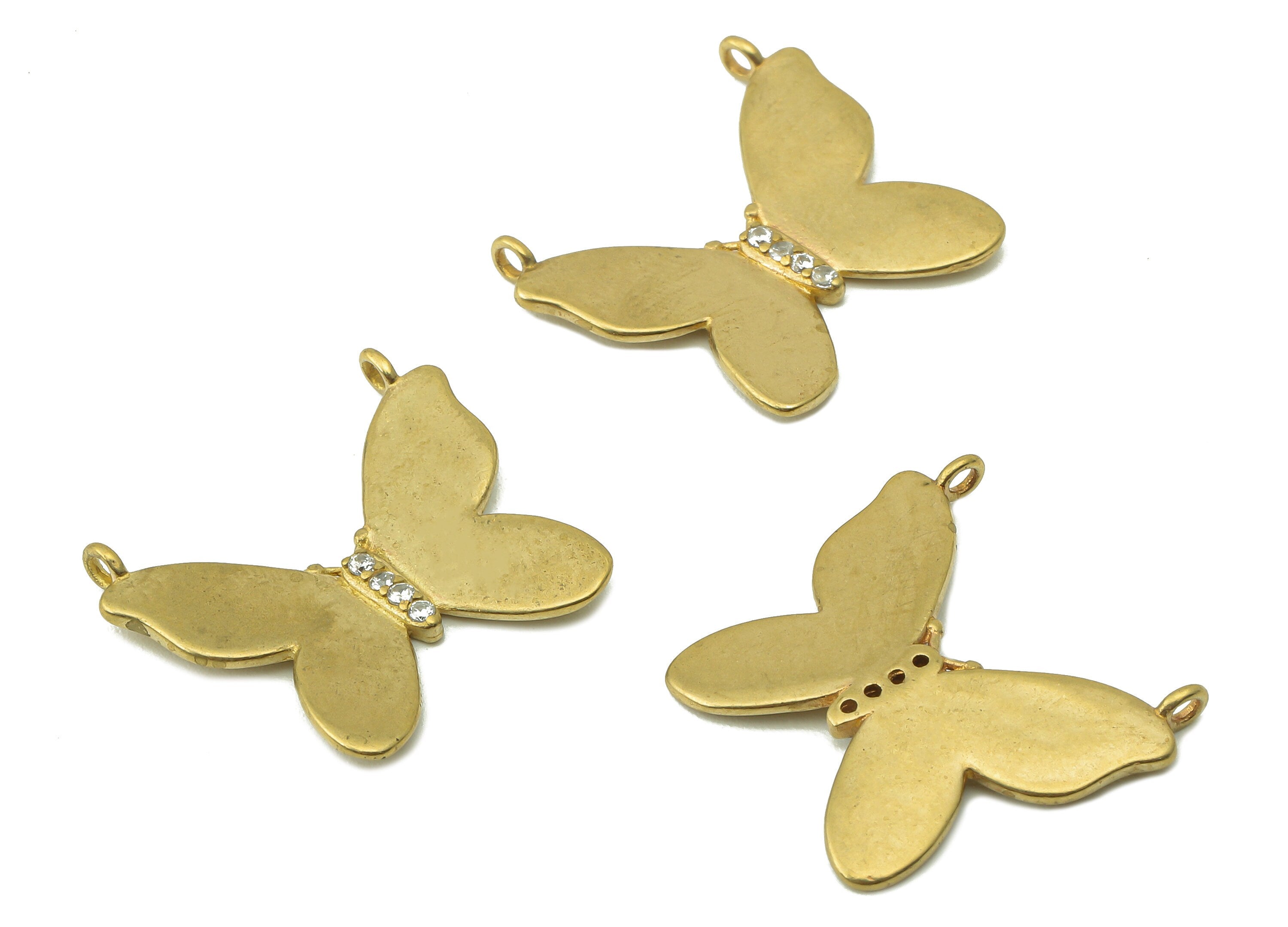 Brass Butterfly Earring Connectors - Cubic Zirconia CZ Necklace Charms - Raw Brass Butterfly Pendant With 2 Loop - 21.3x19.3x1.02mm - PP8227 - DOMEDBAZAAR