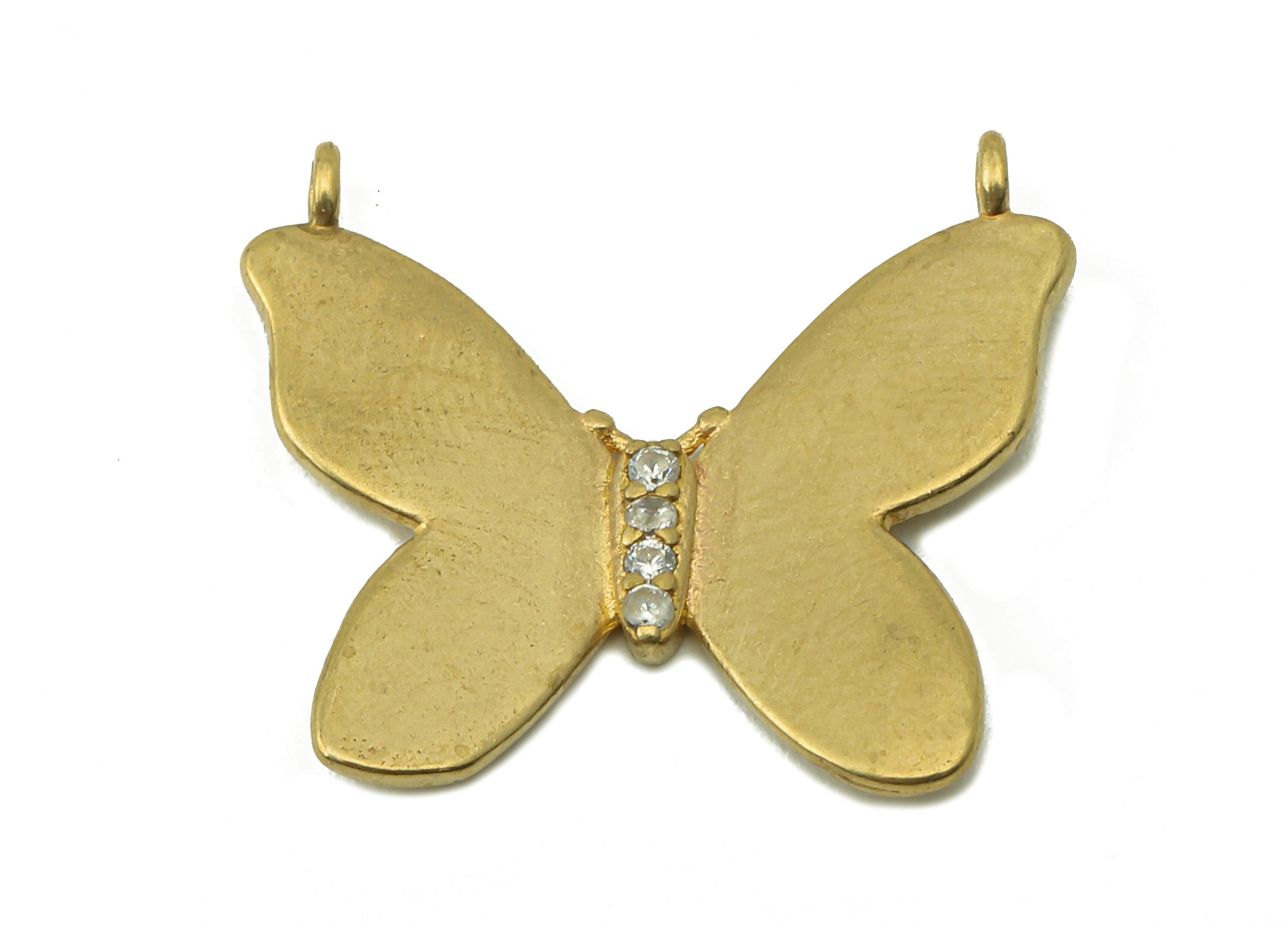 Brass Butterfly Earring Connectors - Cubic Zirconia CZ Necklace Charms - Raw Brass Butterfly Pendant With 2 Loop - 21.3x19.3x1.02mm - PP8227 - DOMEDBAZAAR