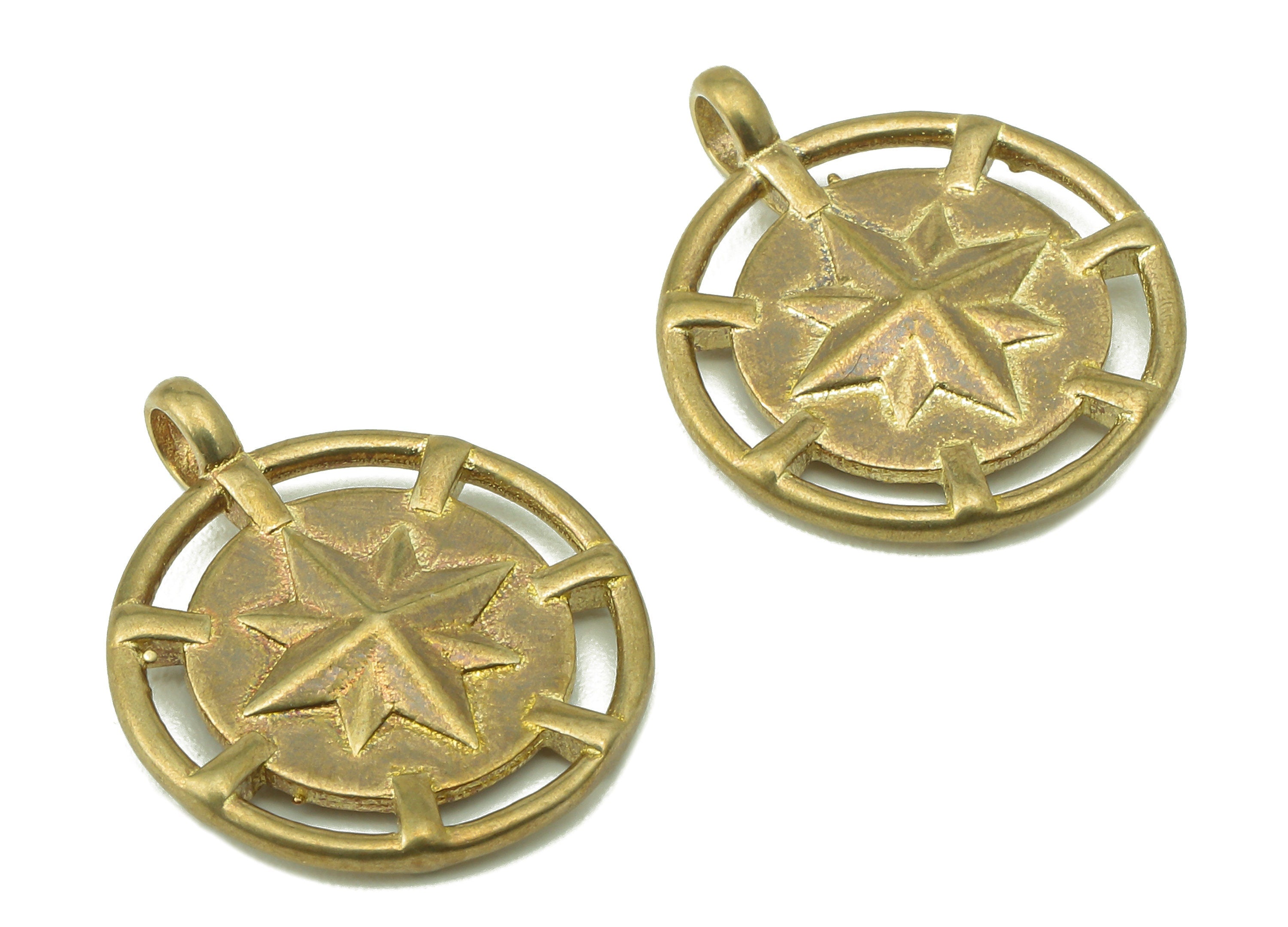 Brass Round Octagonal Star Earring Charms - Raw Brass Eight-Pointed Star Pendant With Loop - For Necklace - 18.54x15.3x2.35mm - PP8238 - DOMEDBAZAAR