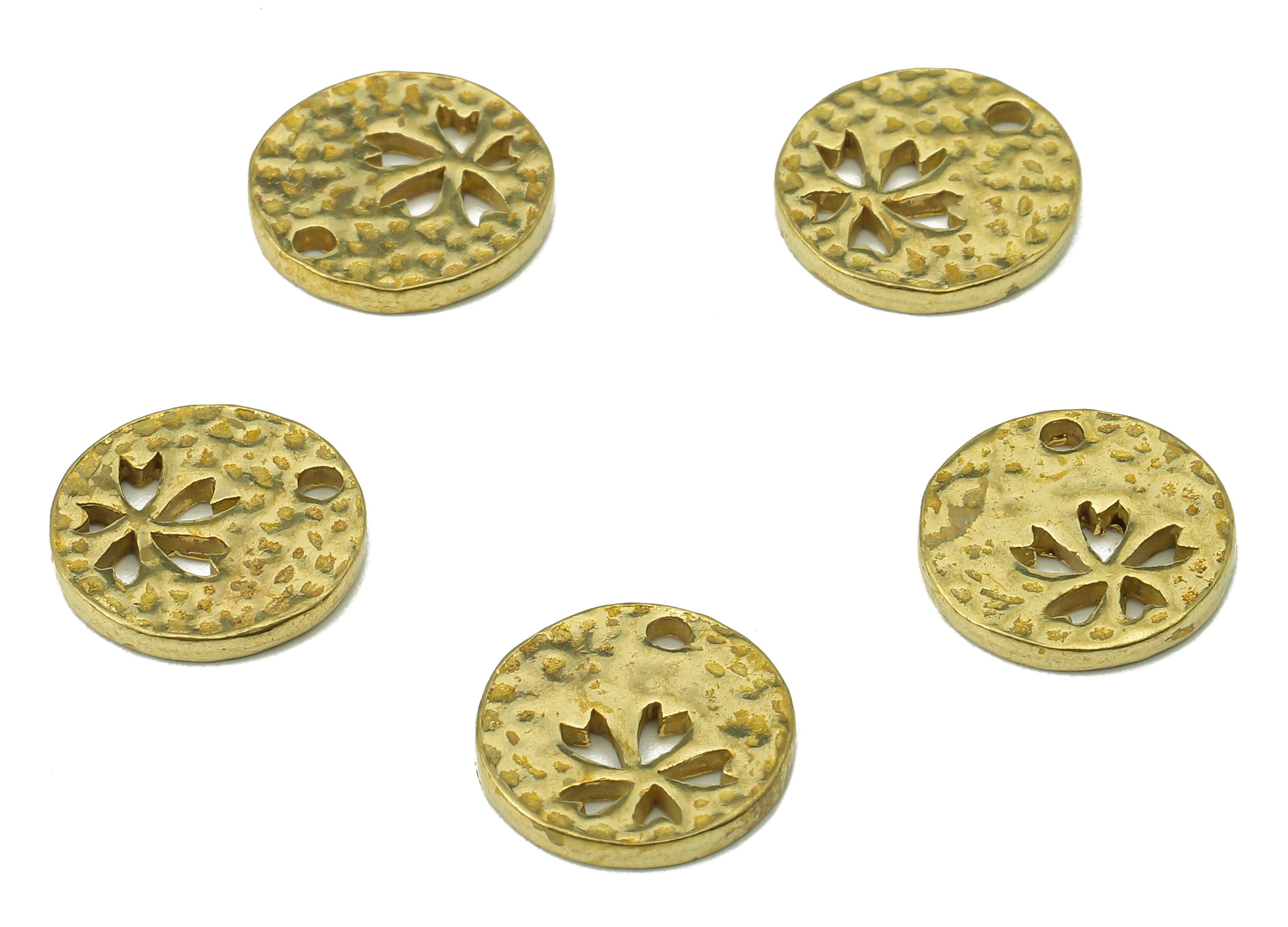 Brass Hammered Round Earring Charms - Raw Brass Cutout Flower Pendant - Circle Charm With Hole - For Necklace - 11.09x11.09x1.28mm - PP8242 - DOMEDBAZAAR