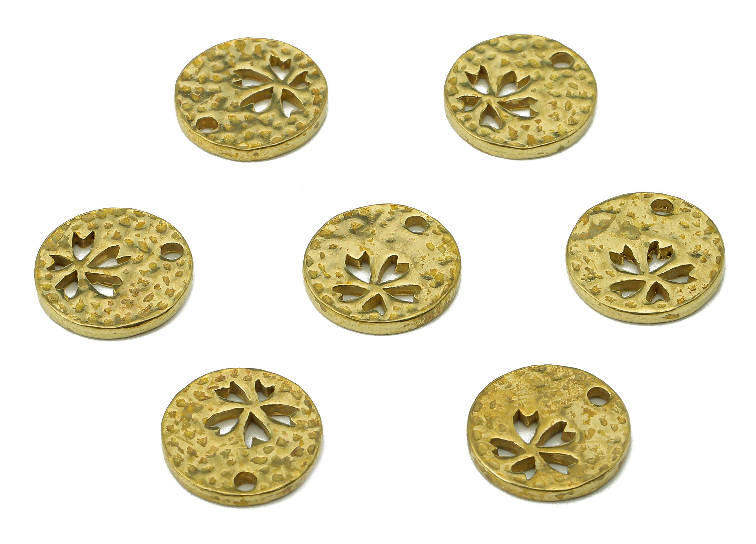 Brass Hammered Round Earring Charms - Raw Brass Cutout Flower Pendant - Circle Charm With Hole - For Necklace - 11.09x11.09x1.28mm - PP8242 - DOMEDBAZAAR