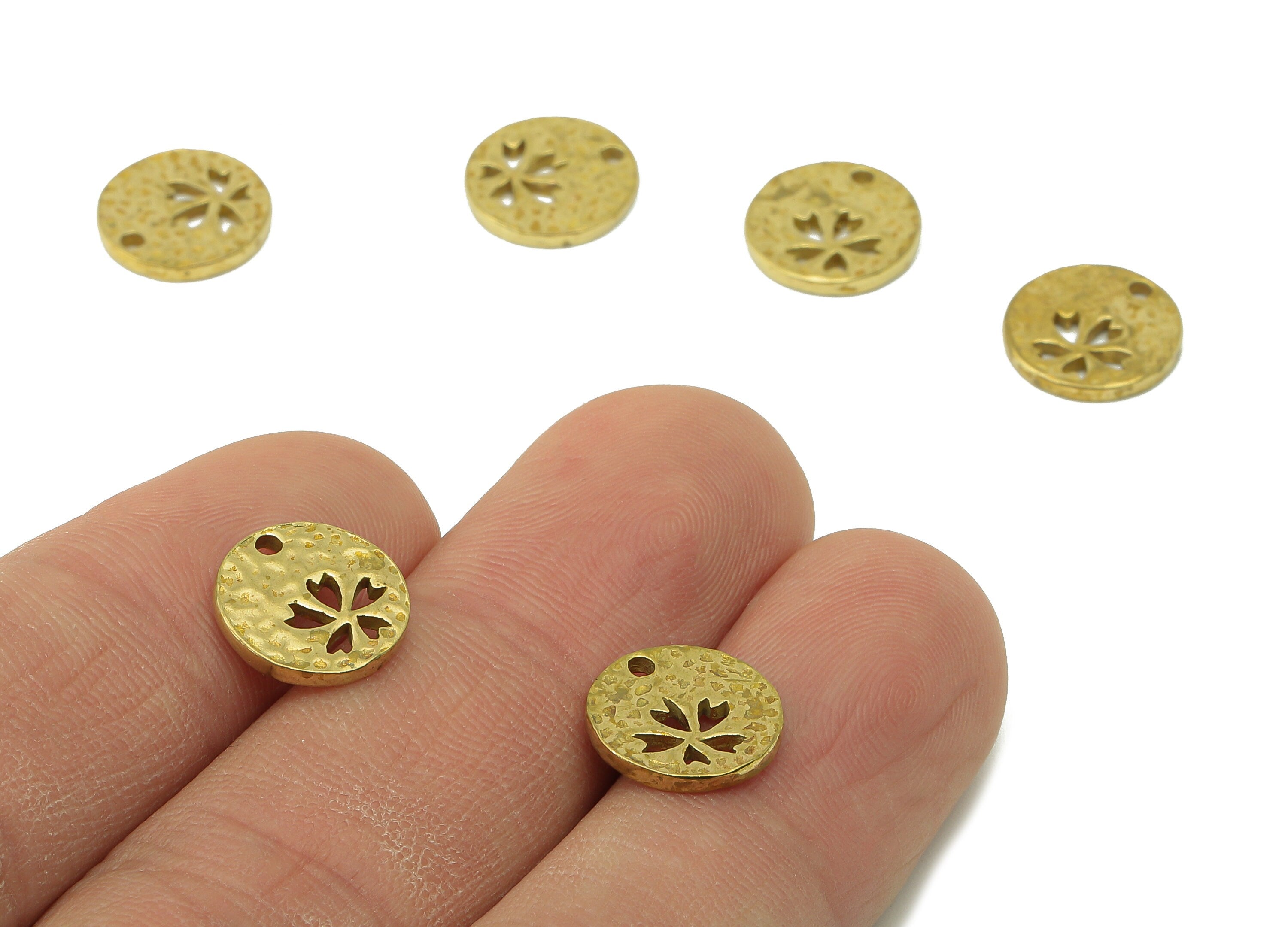 Brass Hammered Round Earring Charms - Raw Brass Cutout Flower Pendant - Circle Charm With Hole - For Necklace - 11.09x11.09x1.28mm - PP8242 - DOMEDBAZAAR