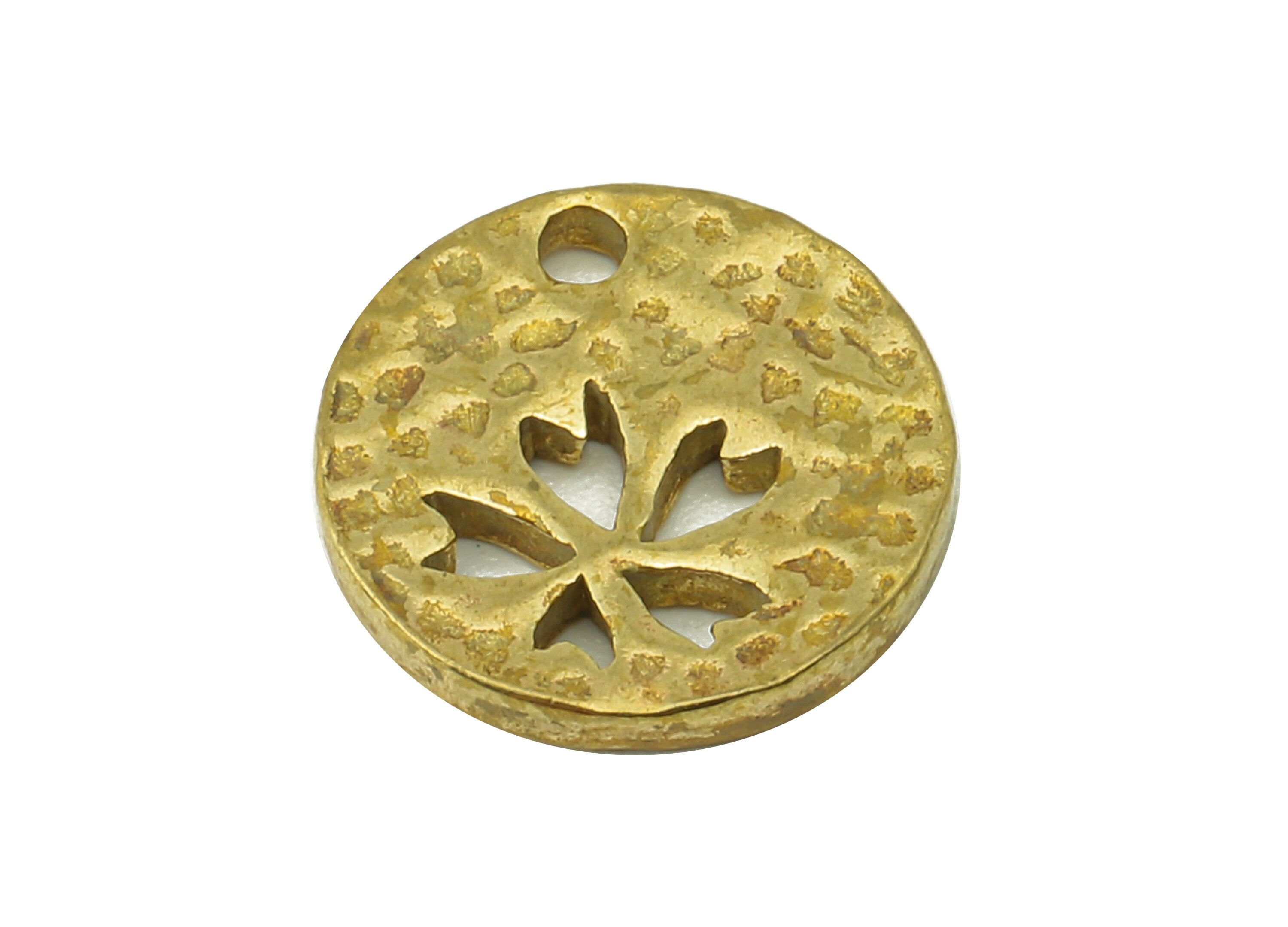 Brass Hammered Round Earring Charms - Raw Brass Cutout Flower Pendant - Circle Charm With Hole - For Necklace - 11.09x11.09x1.28mm - PP8242 - DOMEDBAZAAR