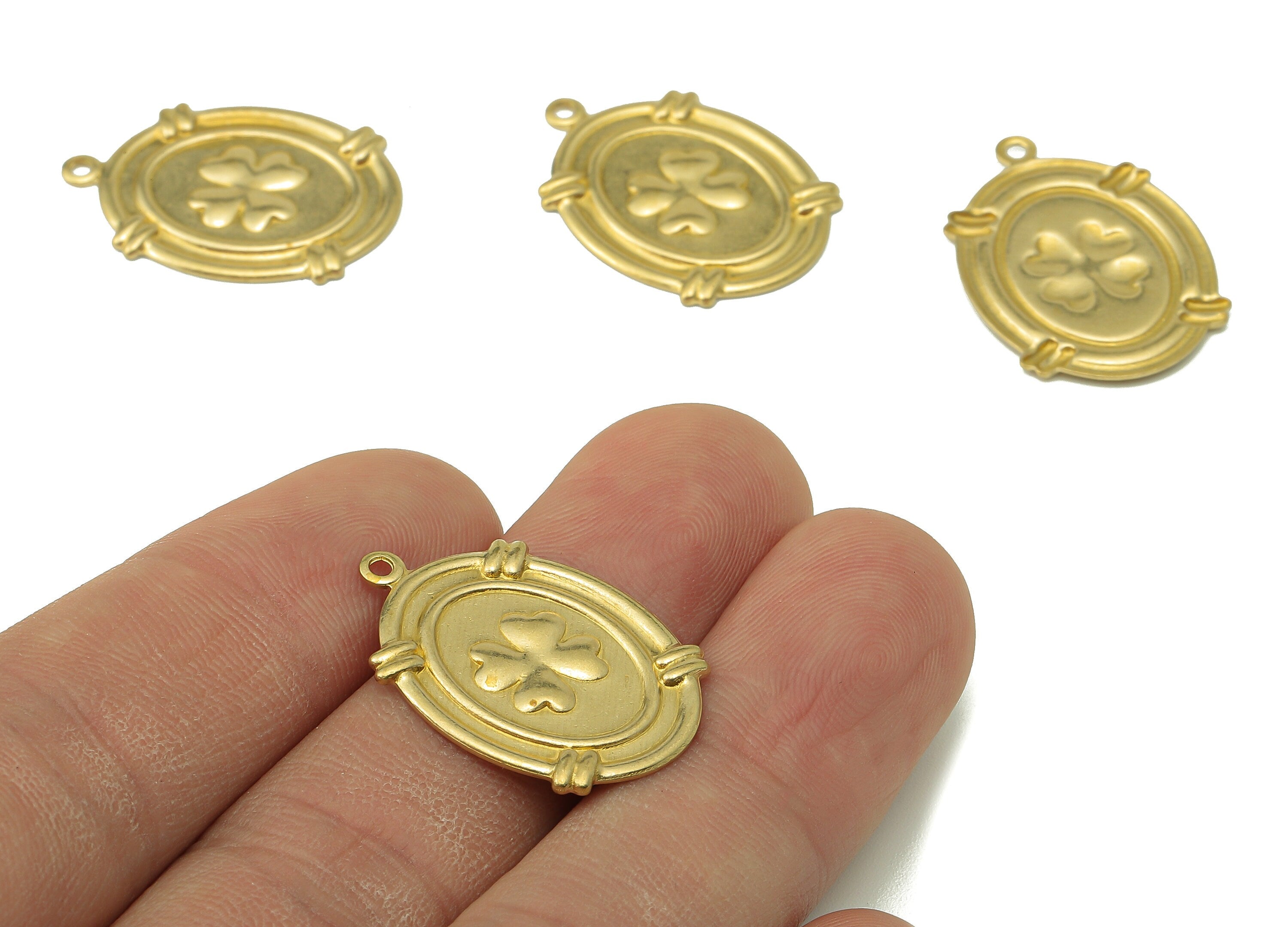 Brass Oval Earring Charms - Raw Brass Four Leaf Clover Pendant With Loop - Oval Leaves Charms - For Necklace - 25.86x18.12x1.13mm - PP8199 - DOMEDBAZAAR