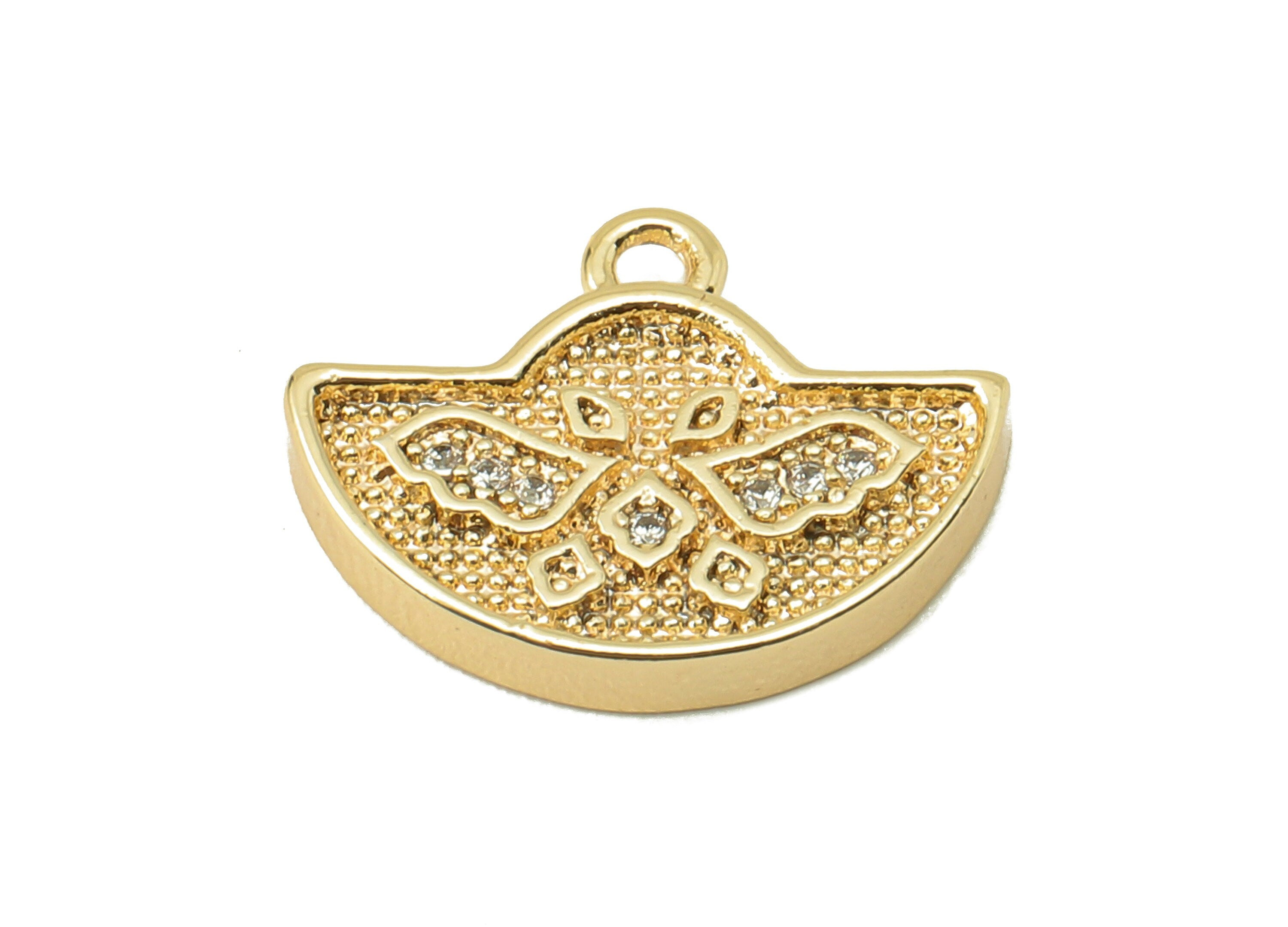 Brass CZ Ingots Earring Charm - Half Moon Cubic Zirconia - Semicircle Pendant With Loop - 18K Real Gold Plating - 15.13x11.8x2mm - RGP5823 - DOMEDBAZAAR