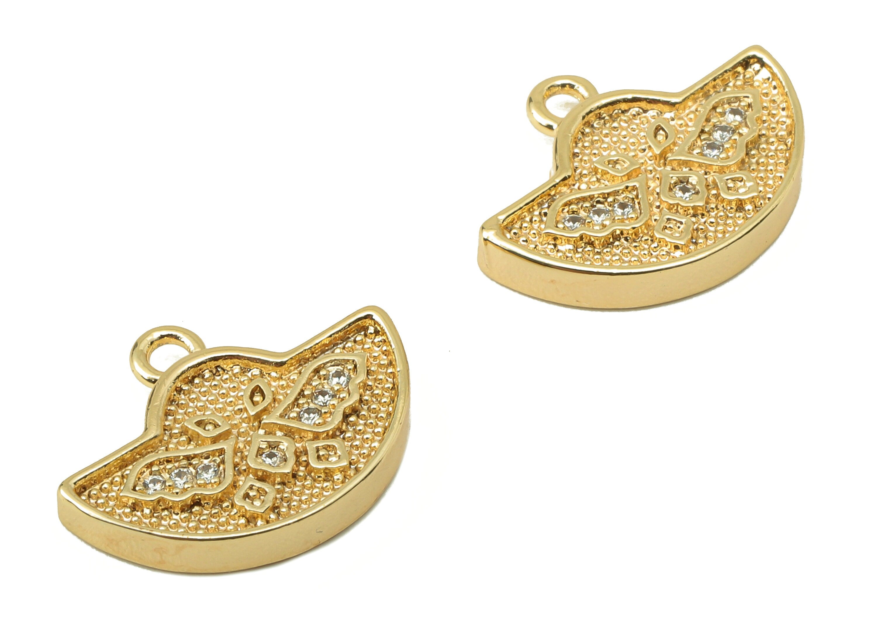 Brass CZ Ingots Earring Charm - Half Moon Cubic Zirconia - Semicircle Pendant With Loop - 18K Real Gold Plating - 15.13x11.8x2mm - RGP5823 - DOMEDBAZAAR