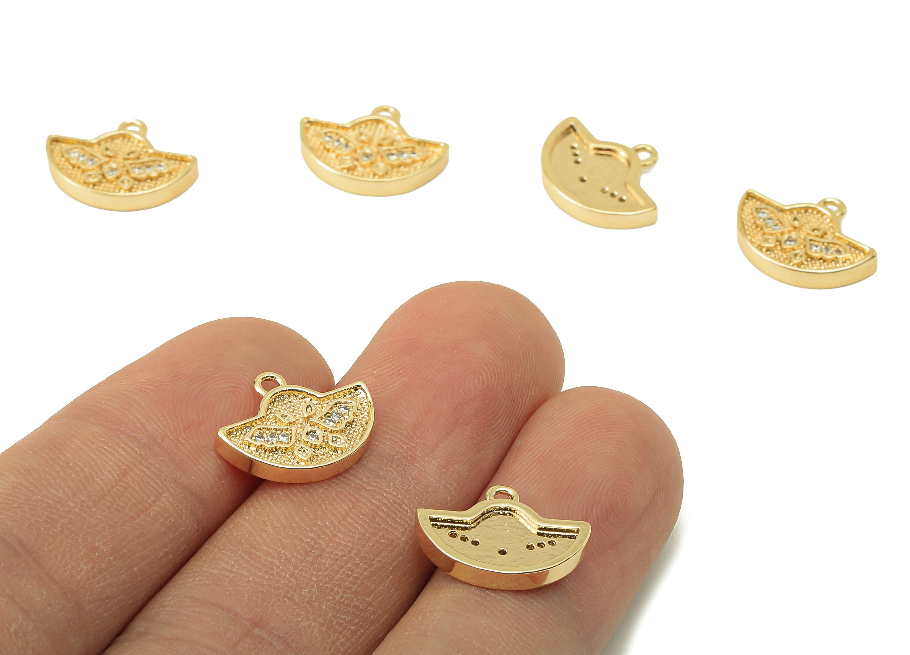 Brass CZ Ingots Earring Charm - Half Moon Cubic Zirconia - Semicircle Pendant With Loop - 18K Real Gold Plating - 15.13x11.8x2mm - RGP5823 - DOMEDBAZAAR