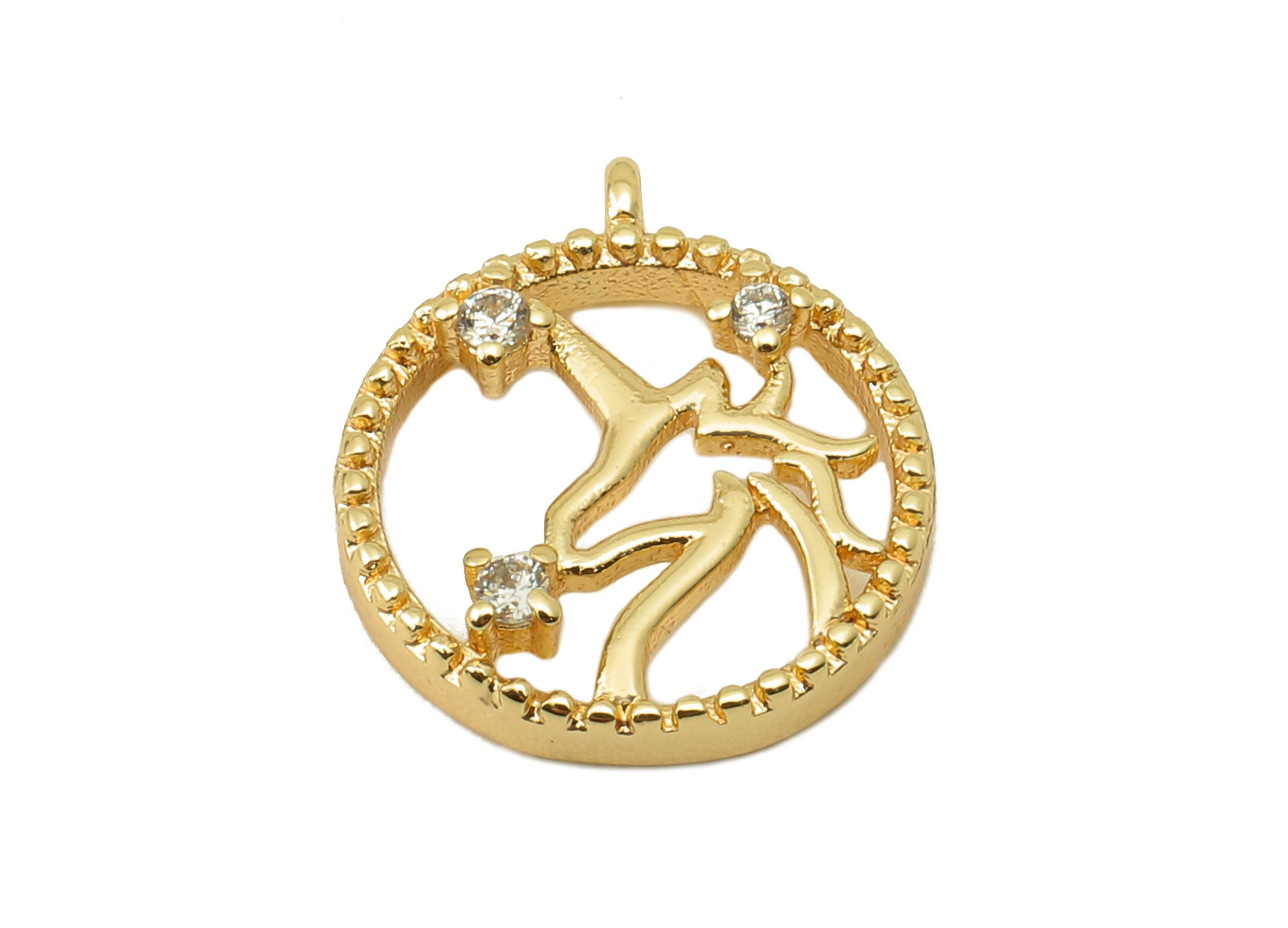 Brass Unicorn Round Earring Charms - Cubic Zirconia CZ Charms - Circle Pendant With Loop - 18K Real Gold Plating - 13.9x11.9x1.8mm - RGP5824 - DOMEDBAZAAR