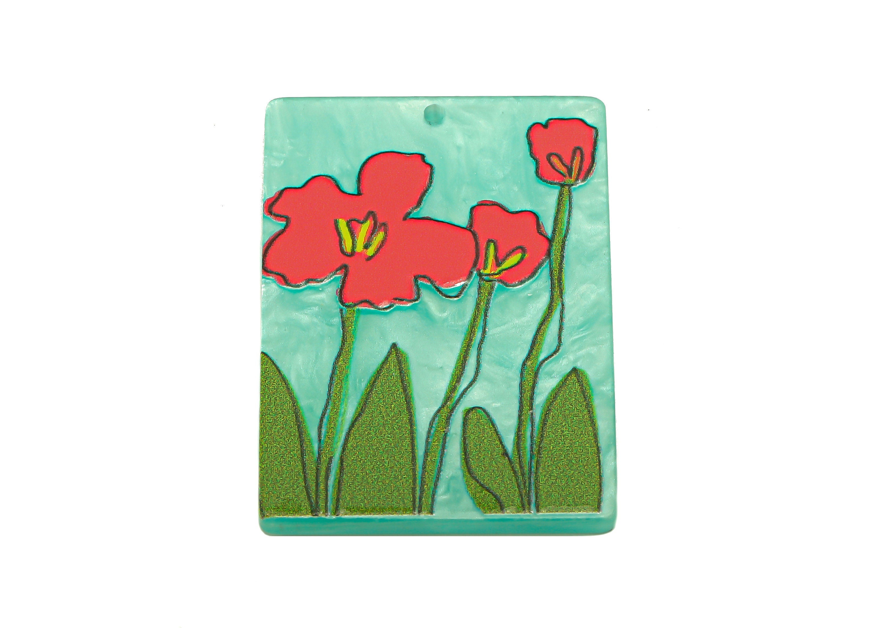 Acrylic Flower Rectangle Earring Charm - Blue Rectangle Earring - Pendant With Hole - Charm For Necklace - 37.5x26.7x2.5mm - AC2571A - DOMEDBAZAAR