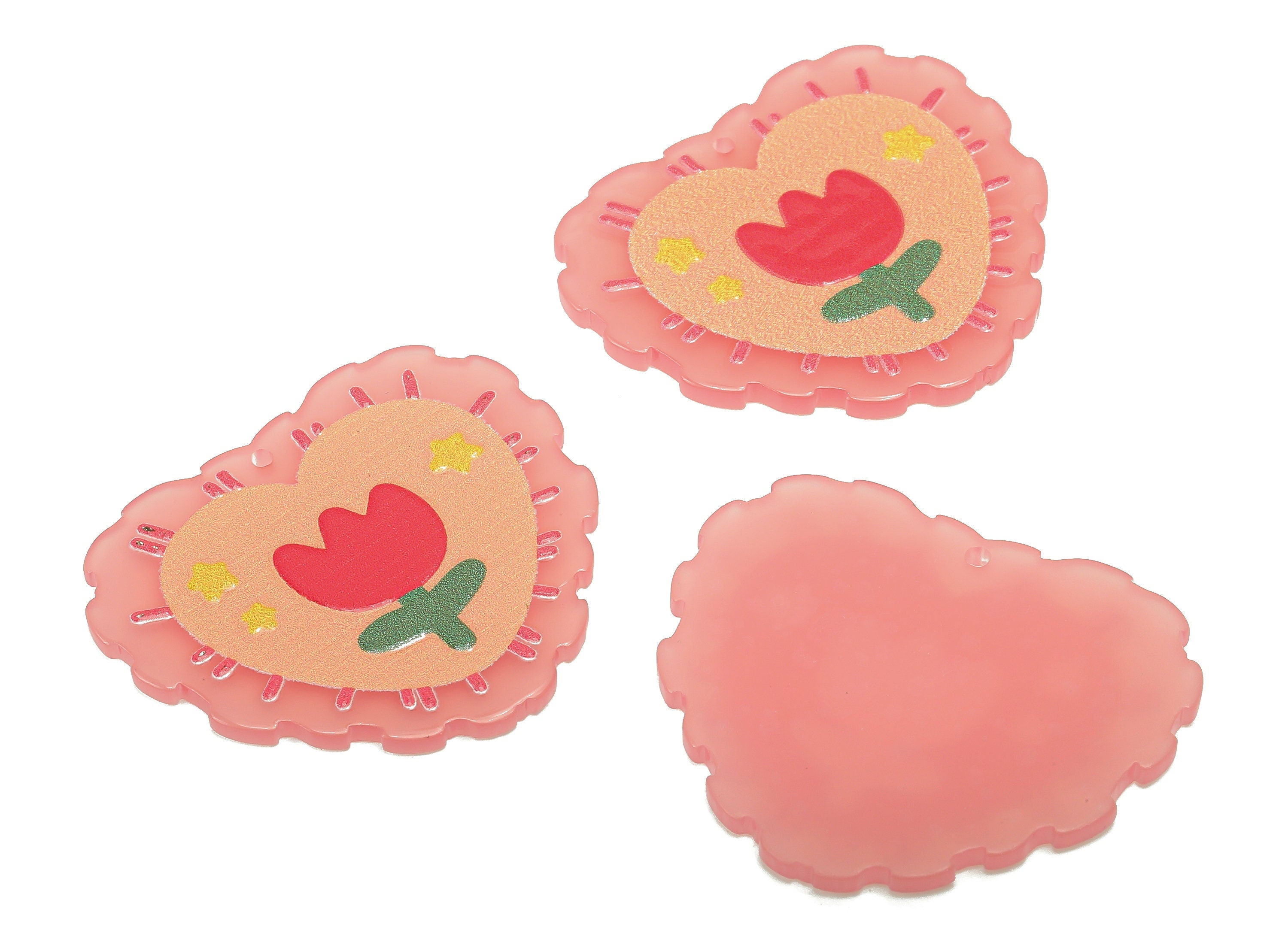 Acrylic Flower Heart Earring Charm - Red Rose Star Pink Heart Earring - Pendant With Hole - Charm For Necklace - 37.8x33x2.7mm - AC2572 - DOMEDBAZAAR