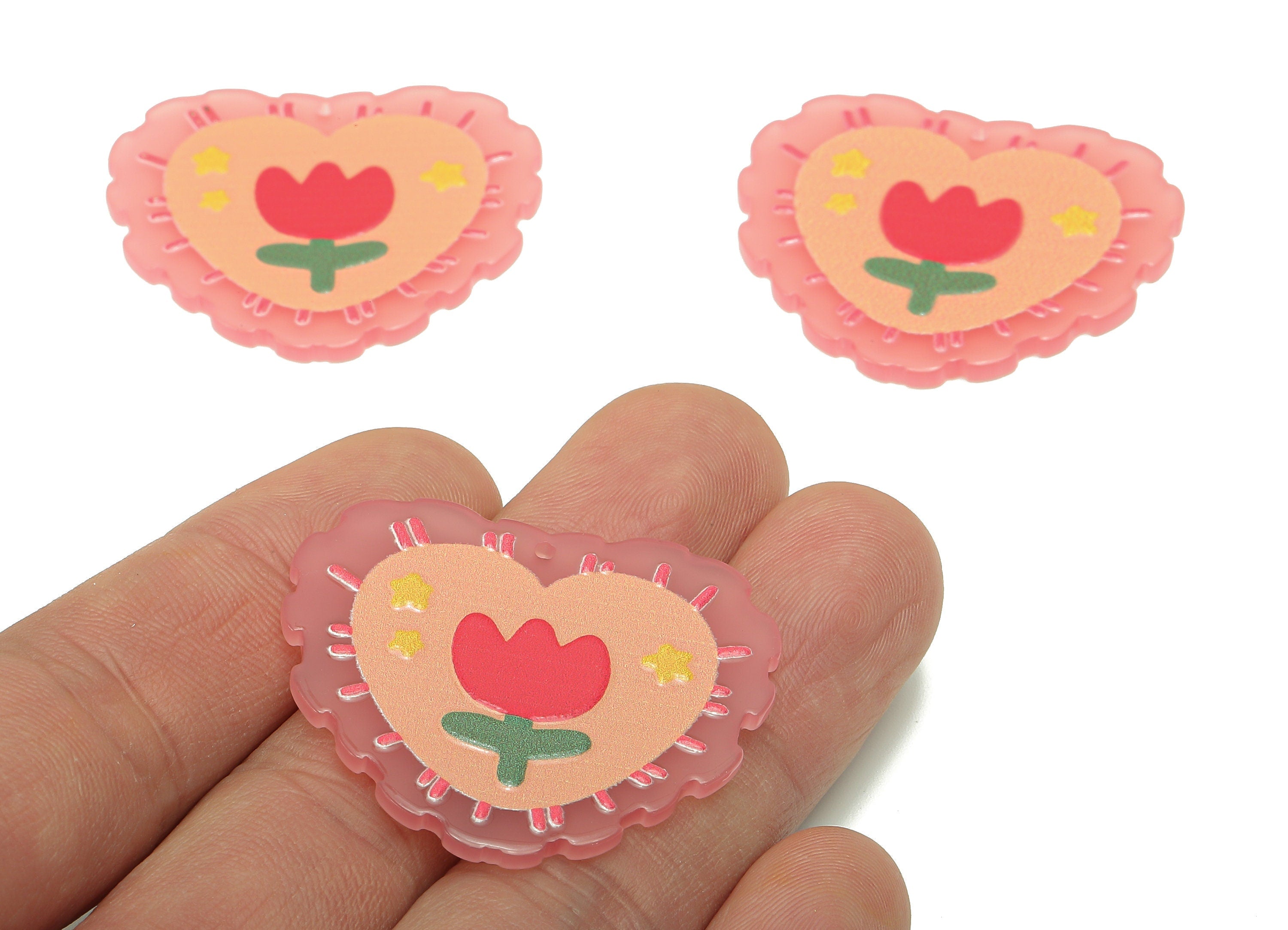 Acrylic Flower Heart Earring Charm - Red Rose Star Pink Heart Earring - Pendant With Hole - Charm For Necklace - 37.8x33x2.7mm - AC2572 - DOMEDBAZAAR
