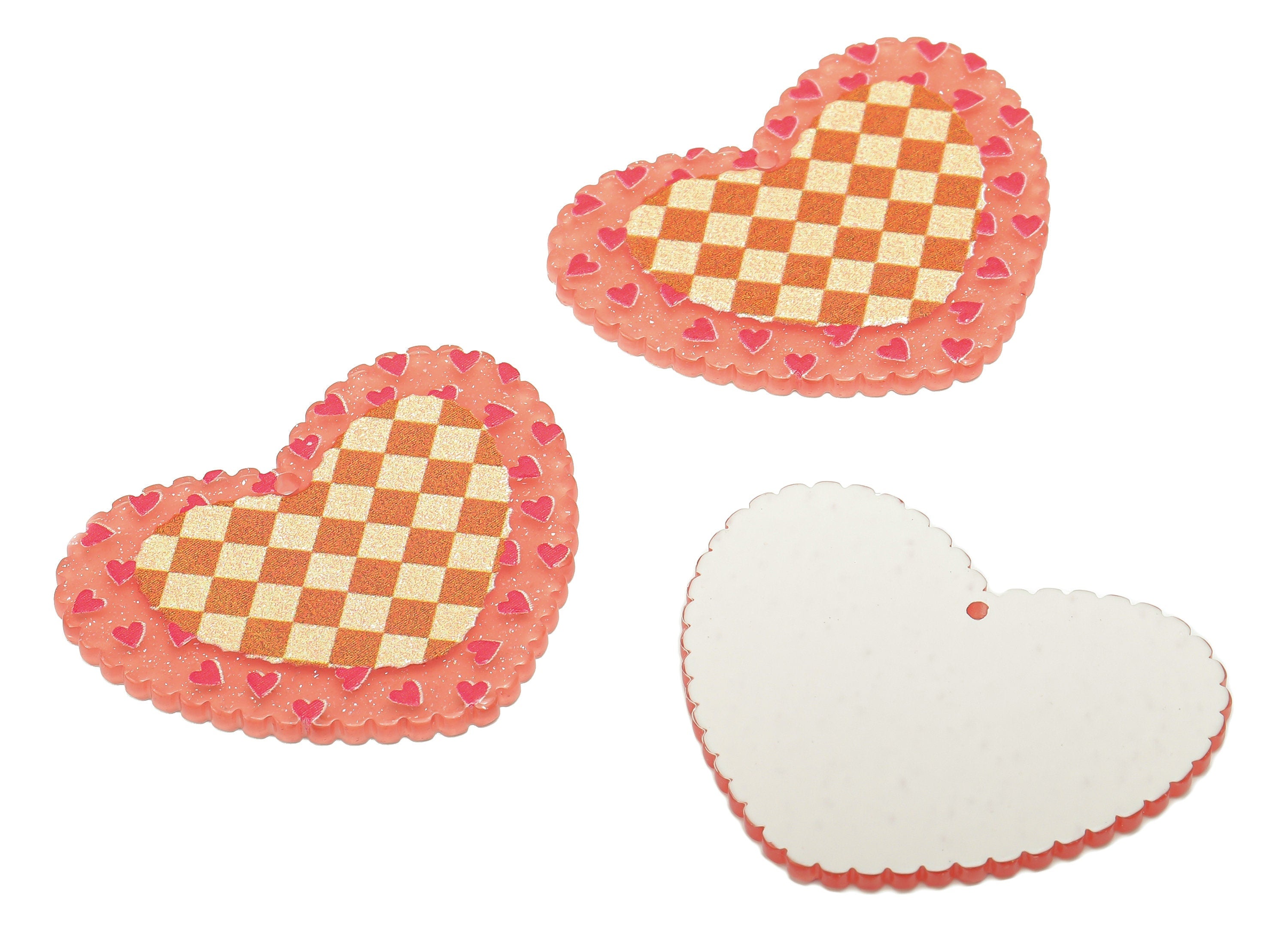 Acrylic Heart Checkered Earring Charm - Square Lattice Pink Heart Earring - Pendant With Hole - Charm For Necklace - 39.6x32.1x2.2mm -AC2573 - DOMEDBAZAAR