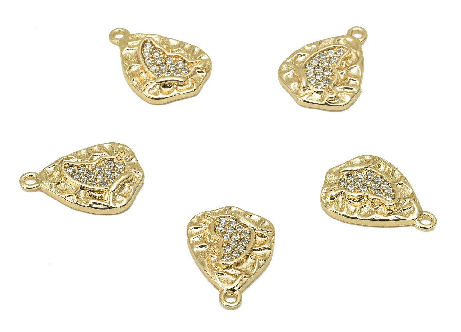 Brass CZ Hammered Butterfly Charm - Cubic Zirconia Mini Oval Earring - Pendant With Loop - 18K Real Gold Plating - 14.3x10.1x2.2mm - RGP5806 - DOMEDBAZAAR