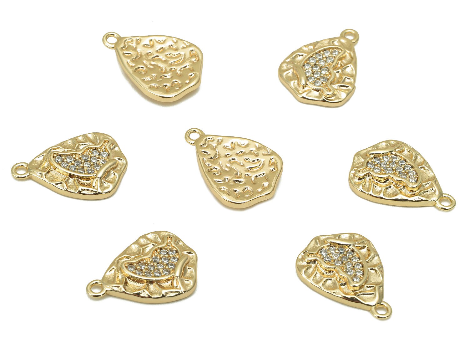 Brass CZ Hammered Butterfly Charm - Cubic Zirconia Mini Oval Earring - Pendant With Loop - 18K Real Gold Plating - 14.3x10.1x2.2mm - RGP5806 - DOMEDBAZAAR