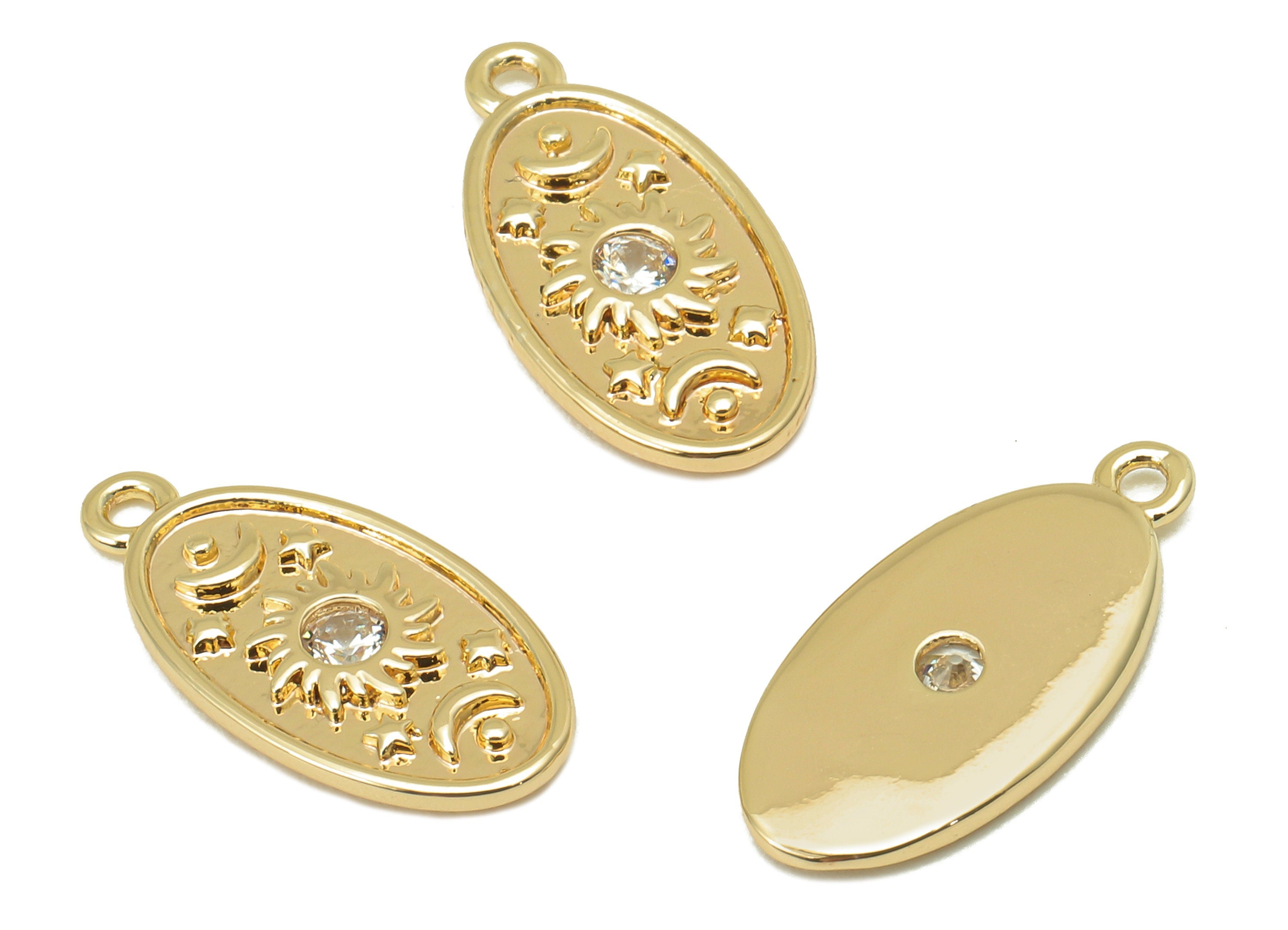 Brass CZ Crescent Oval Earring - Cubic Zirconia Sun Star Charm - Oval Pendant With Loop - 18K Real Gold Plating - 17.1x8.4x1.4mm - RGP5804 - DOMEDBAZAAR