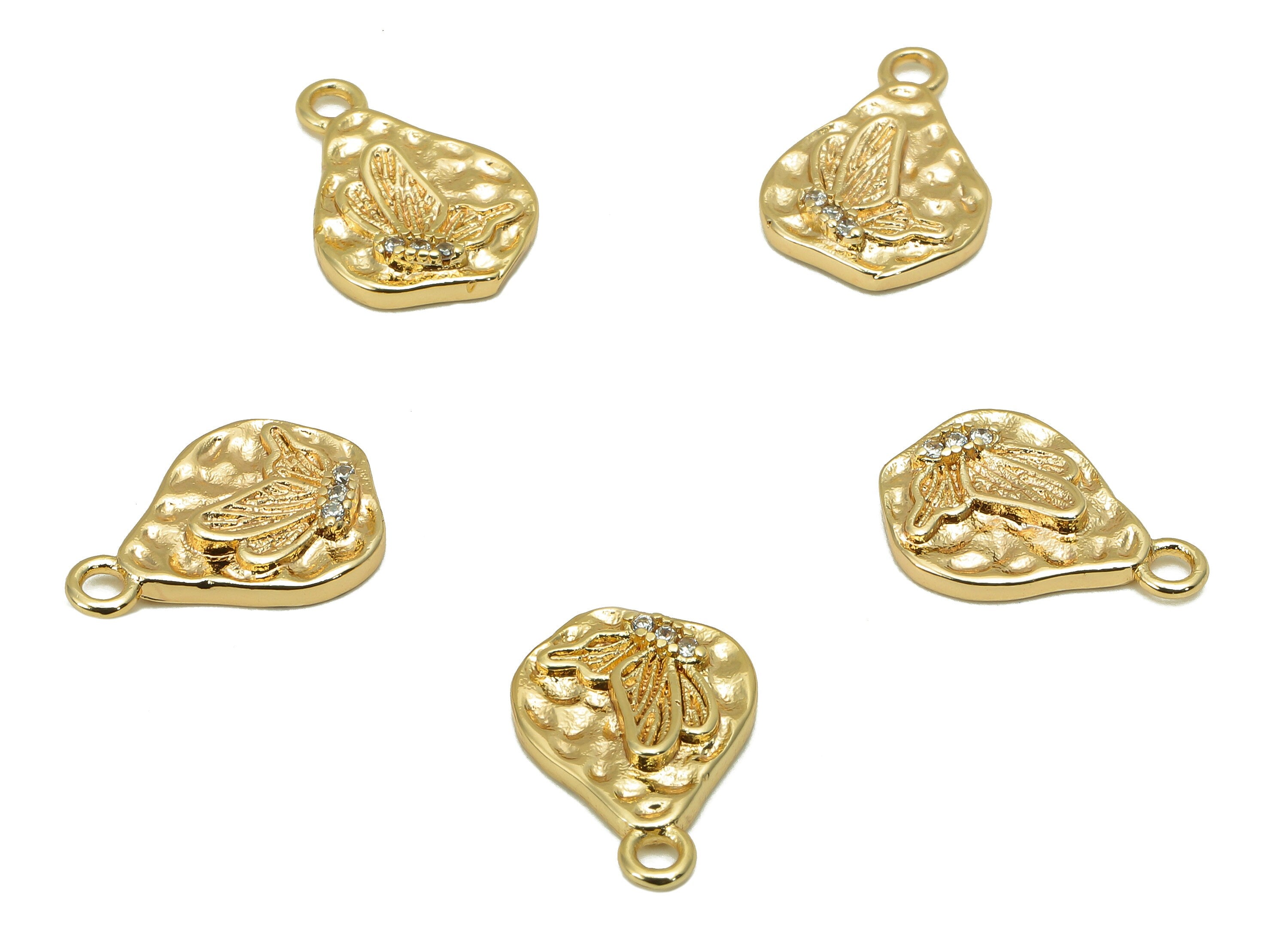 Brass CZ Hammered Butterfly Charm - Cubic Zirconia Mini Oval Earring - Pendant With Loop - 18K Real Gold Plating - 14.1x9.8x2.2mm - RGP5807 - DOMEDBAZAAR