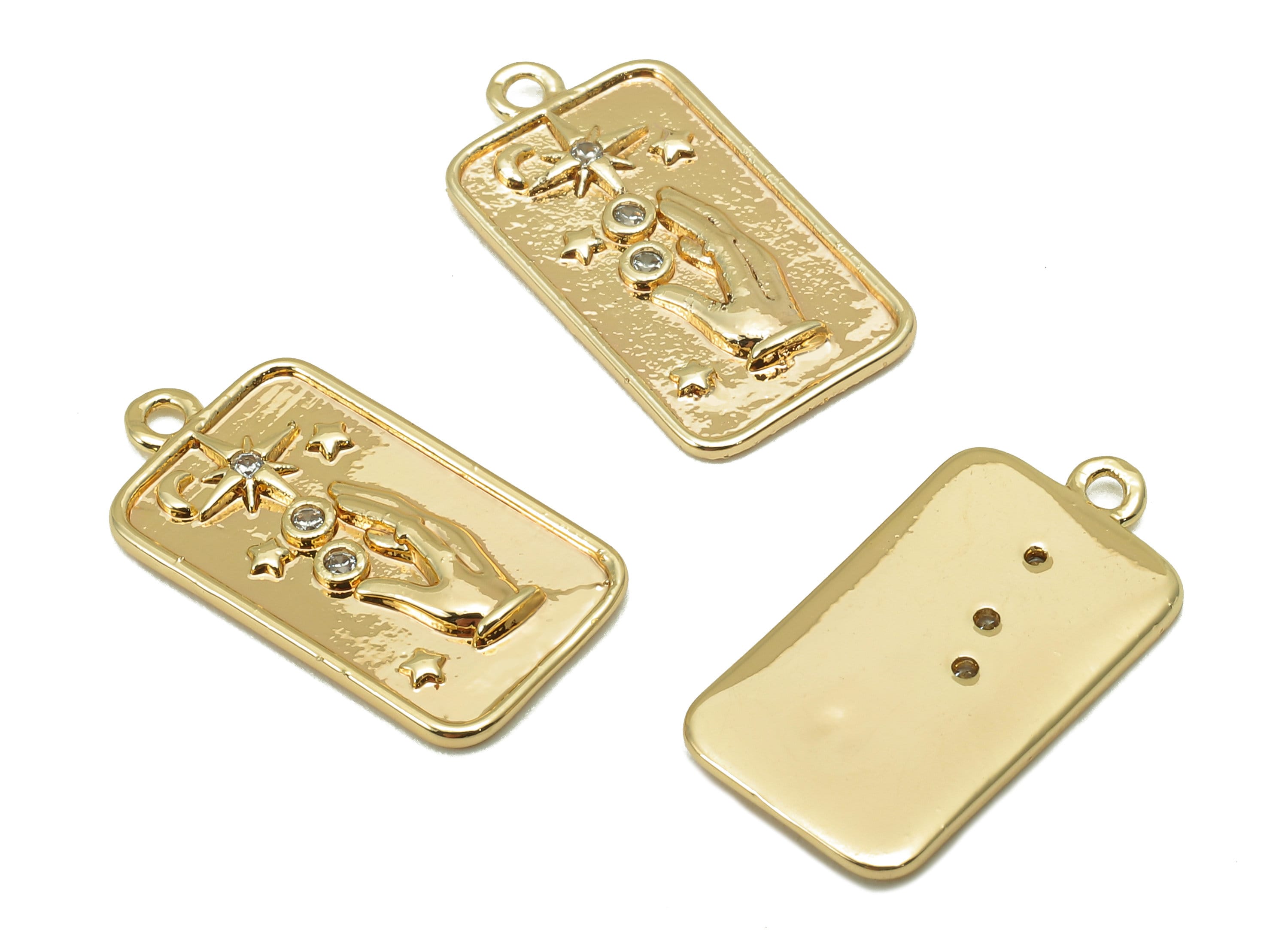 Brass CZ Hand Rectangle Charm - Cubic Zirconia Star Rectangle Earring - Pendant With Loop - 18K Real Gold Plating - 18.9x10x1.2mm - RGP5805 - DOMEDBAZAAR
