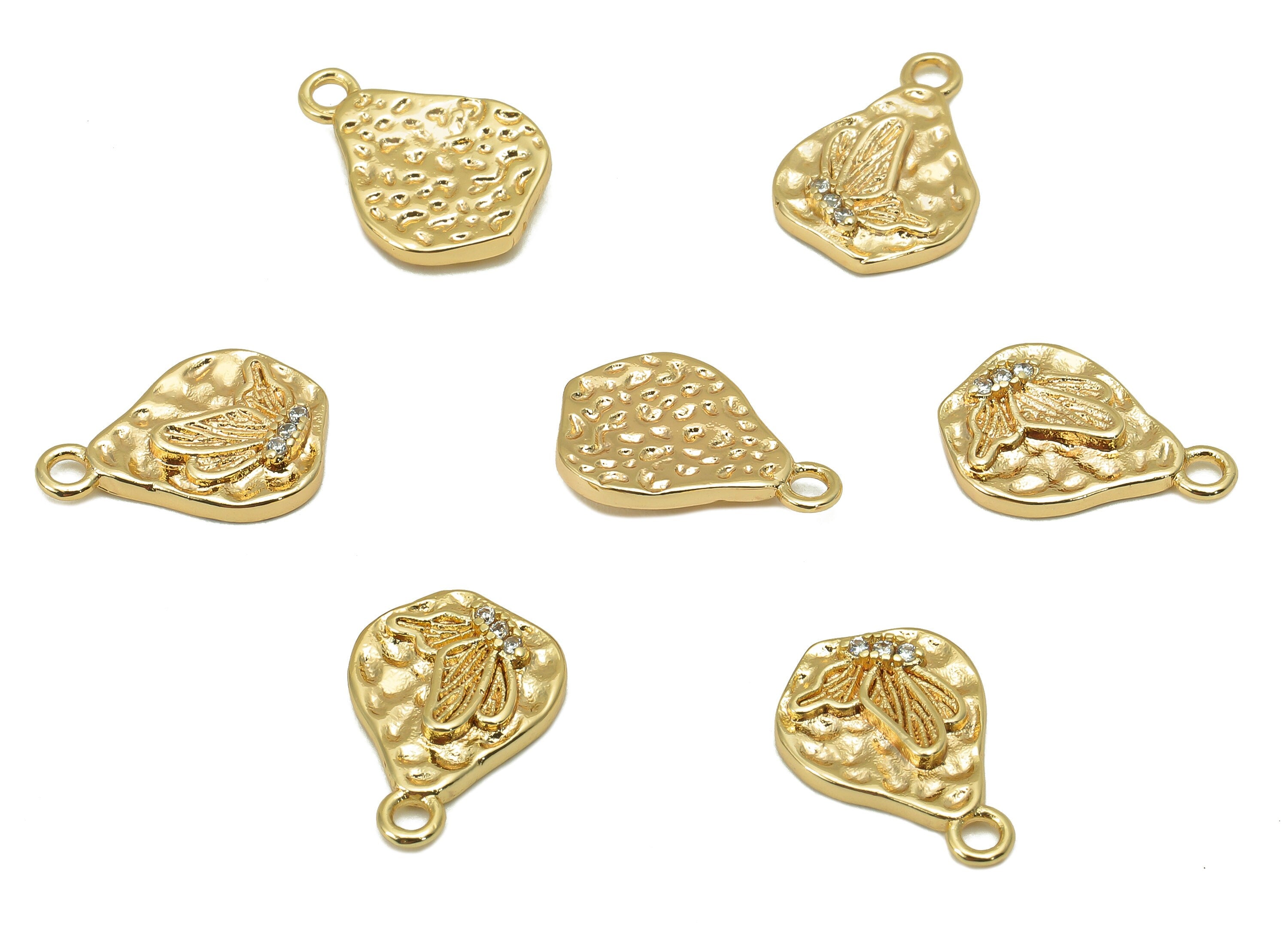 Brass CZ Hammered Butterfly Charm - Cubic Zirconia Mini Oval Earring - Pendant With Loop - 18K Real Gold Plating - 14.1x9.8x2.2mm - RGP5807 - DOMEDBAZAAR