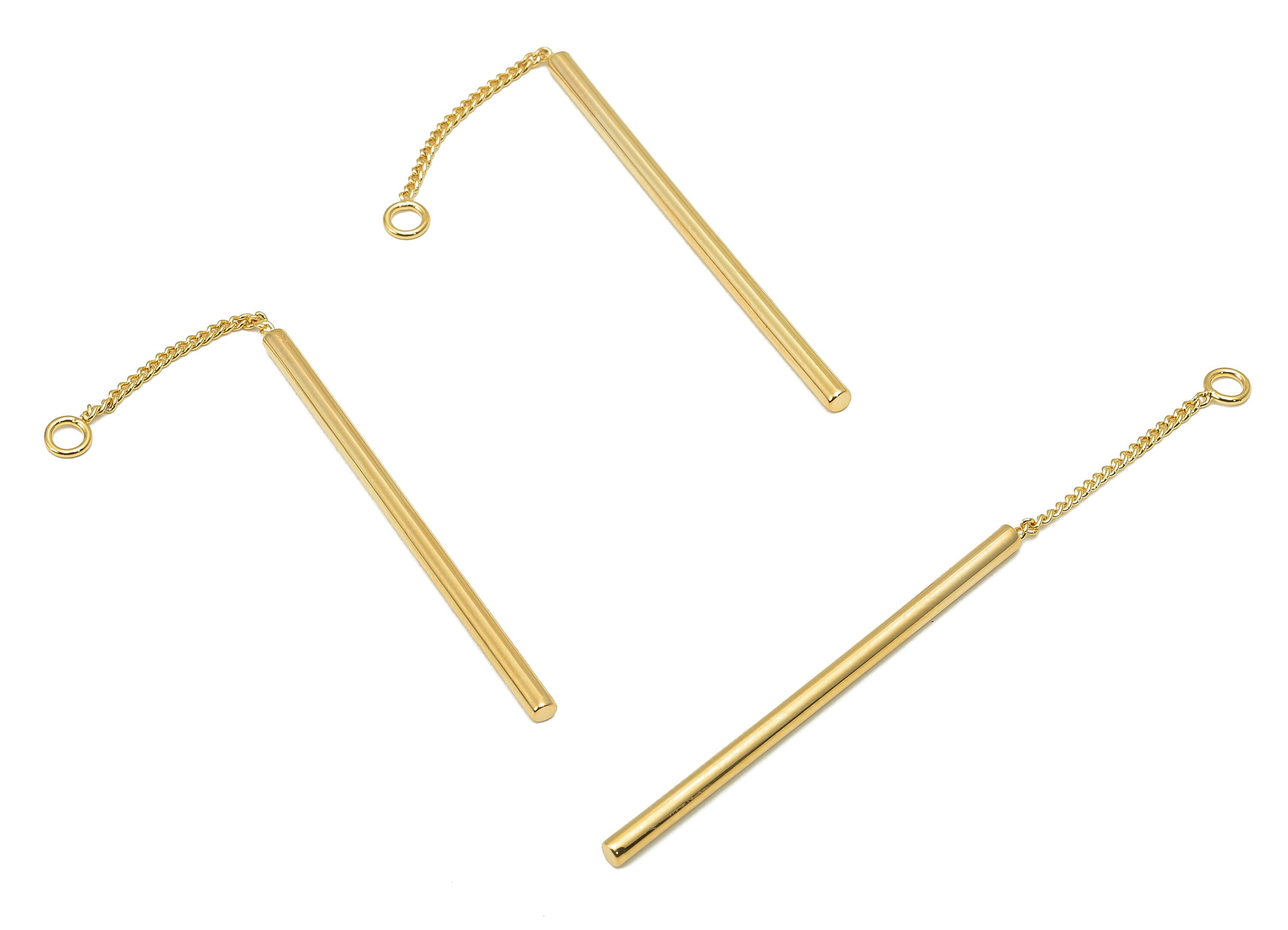 Brass Curb Chain Earring Charm - Cyclinder Stick Earring - Long Bar Pendant With Loop - 18K Real Gold Plating - 62.8x2.1x2.1mm - RGP5811 - DOMEDBAZAAR