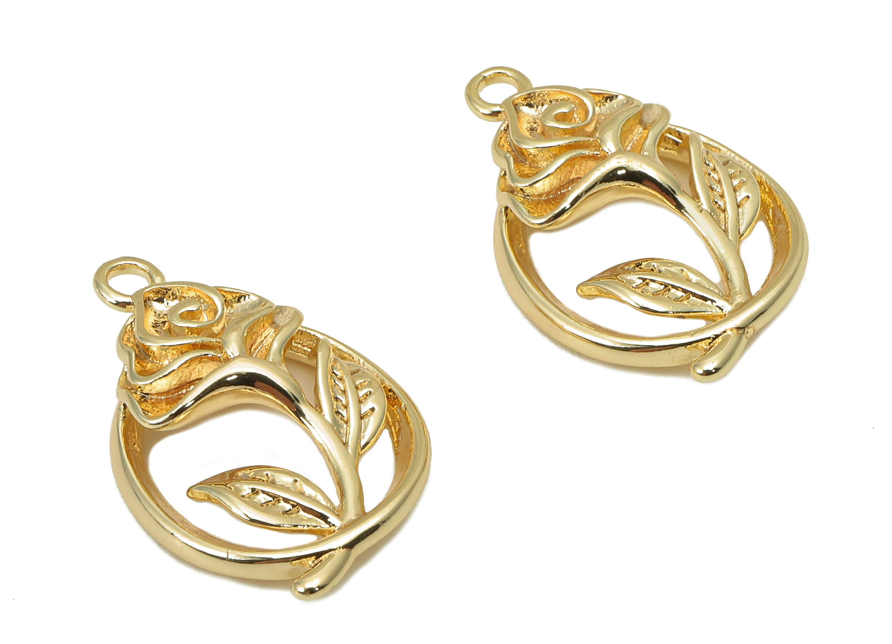 Brass Flower Oval Earring Charm - Relief Rose Hollow Oval Earring - Pendant With Loop - 18K Real Gold Plating - 18.3x12x2.8mm - RGP5812 - DOMEDBAZAAR