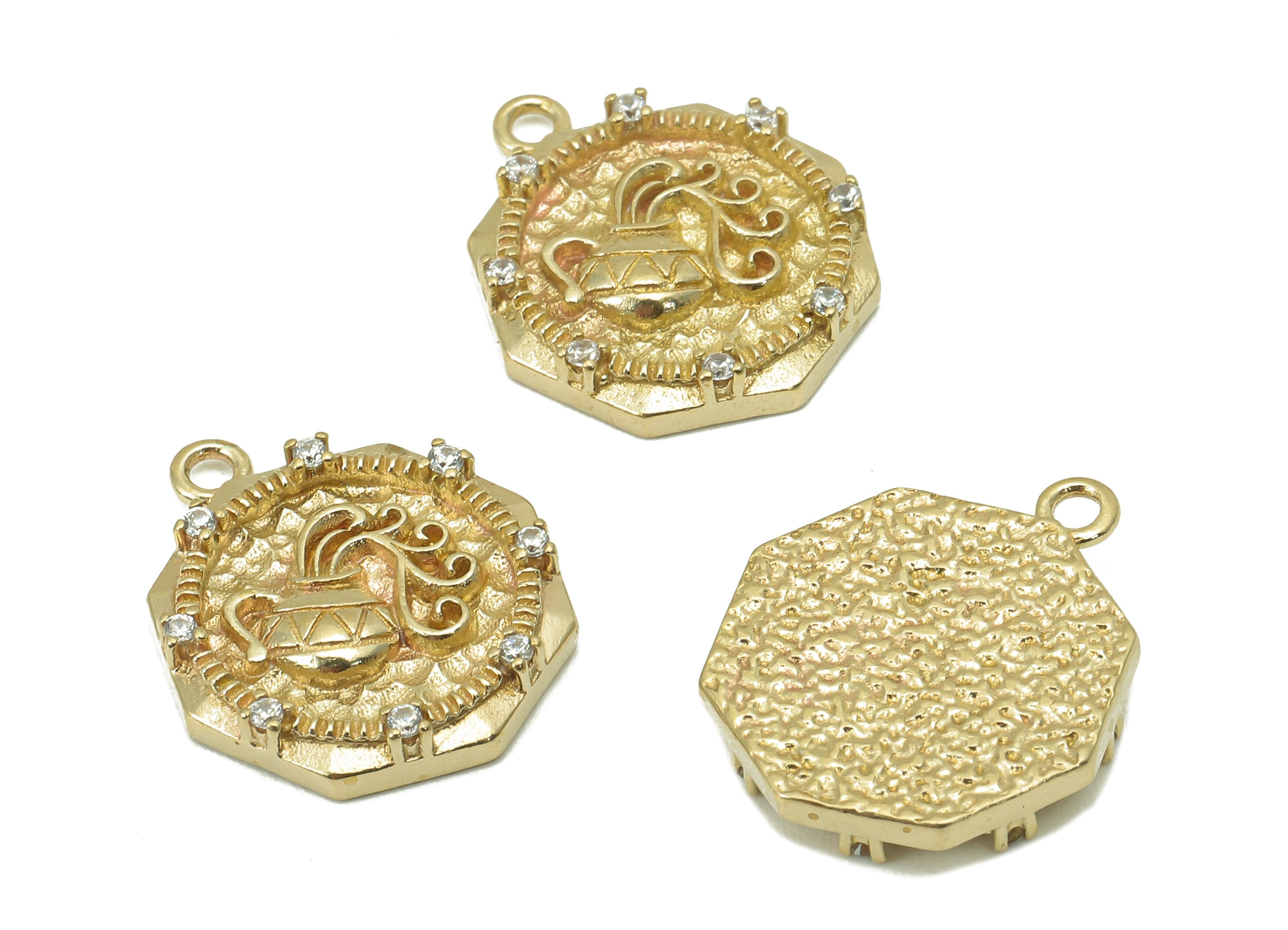 Brass Hammered Thick Octagon Charm - Raw Brass CZ Kettle Earring - Vase Pendant With Loop - Magic Lamp Necklace - 17.5x14.6x2.9mm - PP8186 - DOMEDBAZAAR