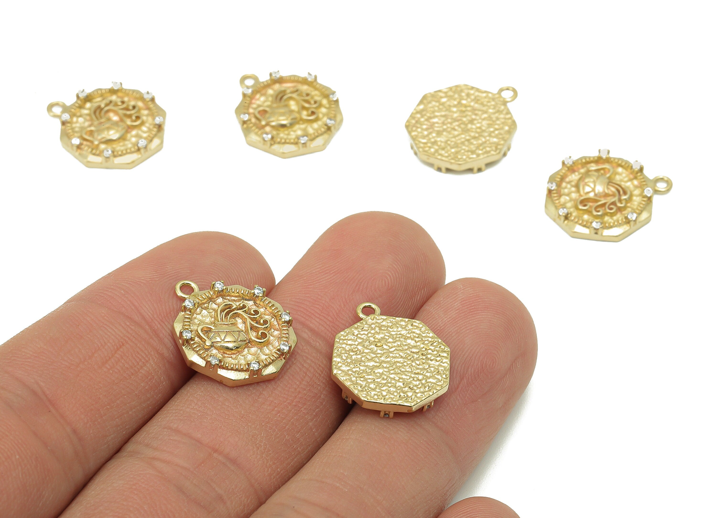 Brass Hammered Thick Octagon Charm - Raw Brass CZ Kettle Earring - Vase Pendant With Loop - Magic Lamp Necklace - 17.5x14.6x2.9mm - PP8186 - DOMEDBAZAAR