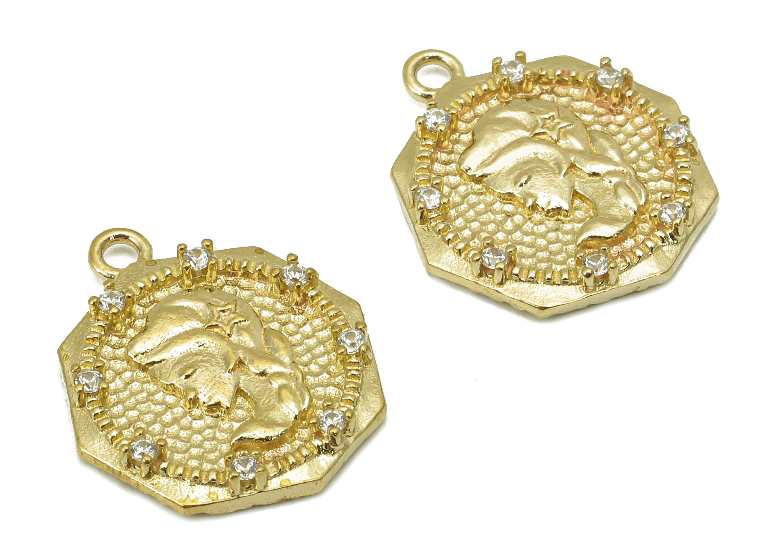 Brass Hammered Thick Octagon Charm - Raw Brass CZ Girl Earring - Rapunzel Pendant With Loop - Necklace Charm - 17.3x14.8x2.5mm - PP8187 - DOMEDBAZAAR